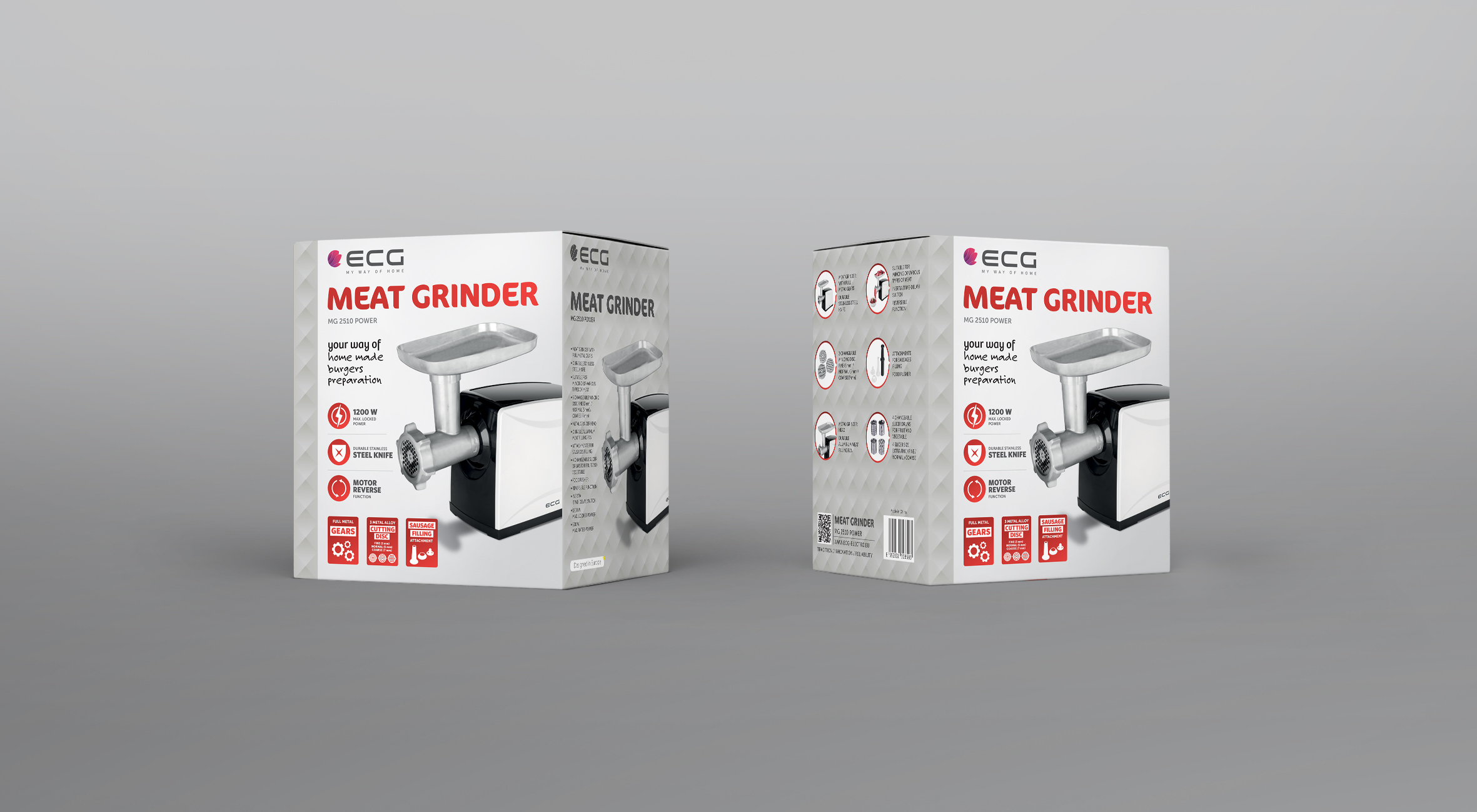 Dwa pudełka maszynki do mięsa. Pudełka są białe z tekstem i obrazami, szare tło.