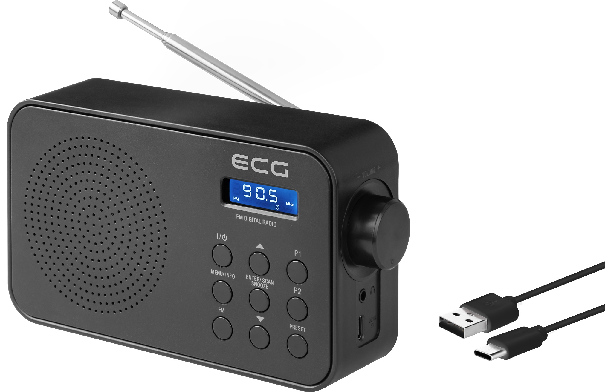 Schwarzes Radio mit Digitalanzeige, Knöpfen und USB-Kabel. Marke 'ECG' sichtbar.