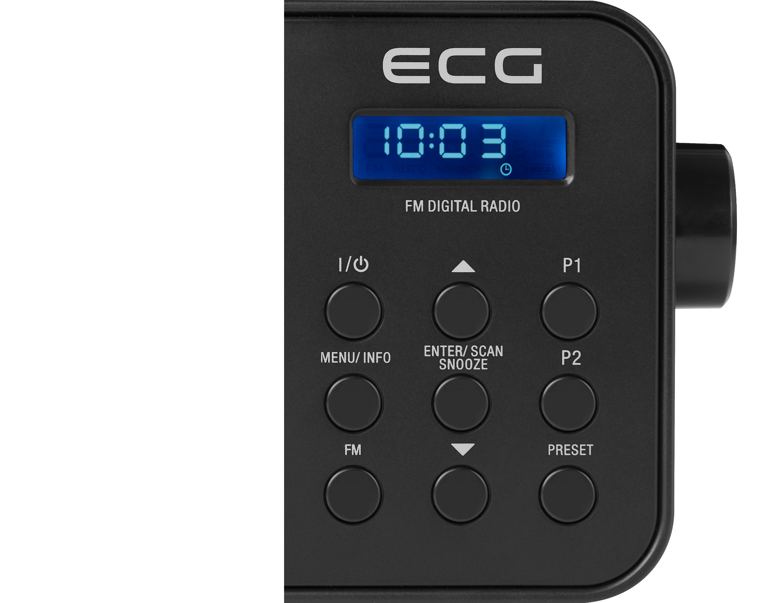 Ein schwarzes digitales UKW-Radio mit einer blauen Anzeige, die 10:03 anzeigt. Es hat Tasten für verschiedene Funktionen.