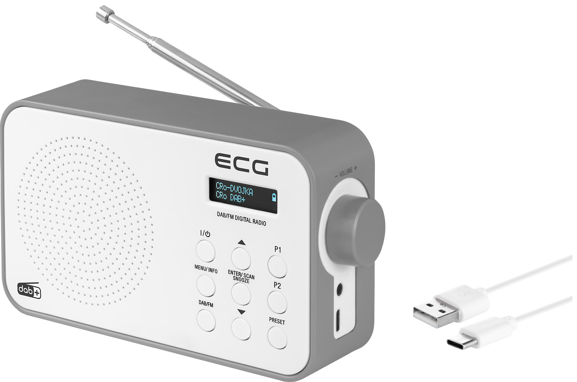 Ein grau-weißes Radio im Retro-Stil mit USB-Kabel. Das Radio hat einen kleinen Bildschirm und Knöpfe.