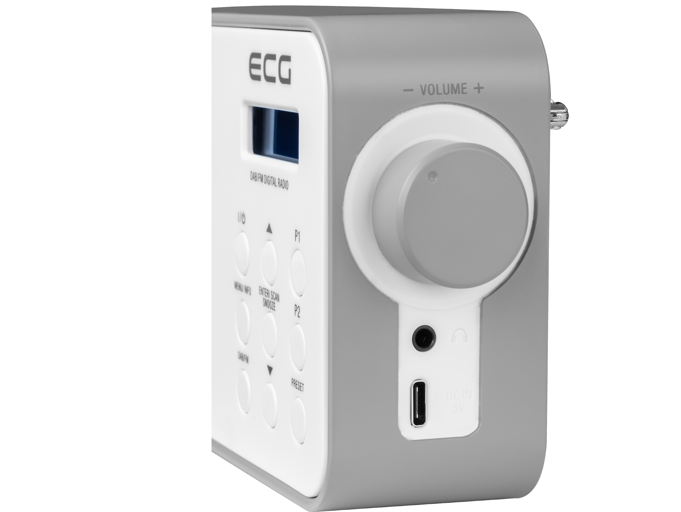 Ein graues und weißes DAB-Digitalradio mit Lautstärkeregler und Funktionstasten.