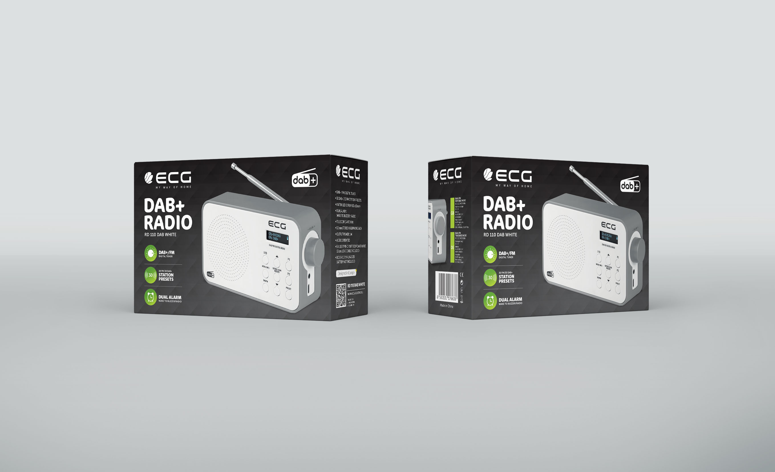 Zwei Radioboxen, eine mit Produktdetails und die andere mit der Rückseite der Box.