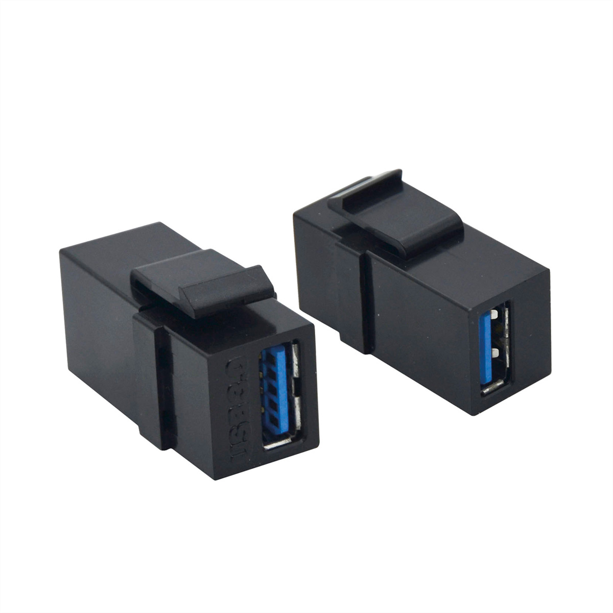 Zwei schwarze USB 3.0-Anschlüsse mit blauem Innenraum. Weißer Hintergrund.