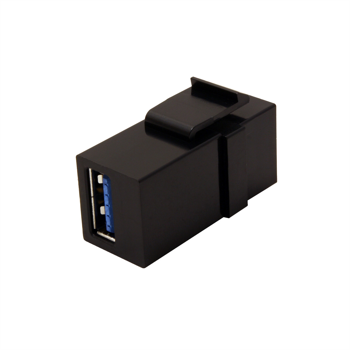Ein schwarzer USB-Adapter mit einem USB-Stecker und einer USB-Buchse auf weißem Hintergrund.