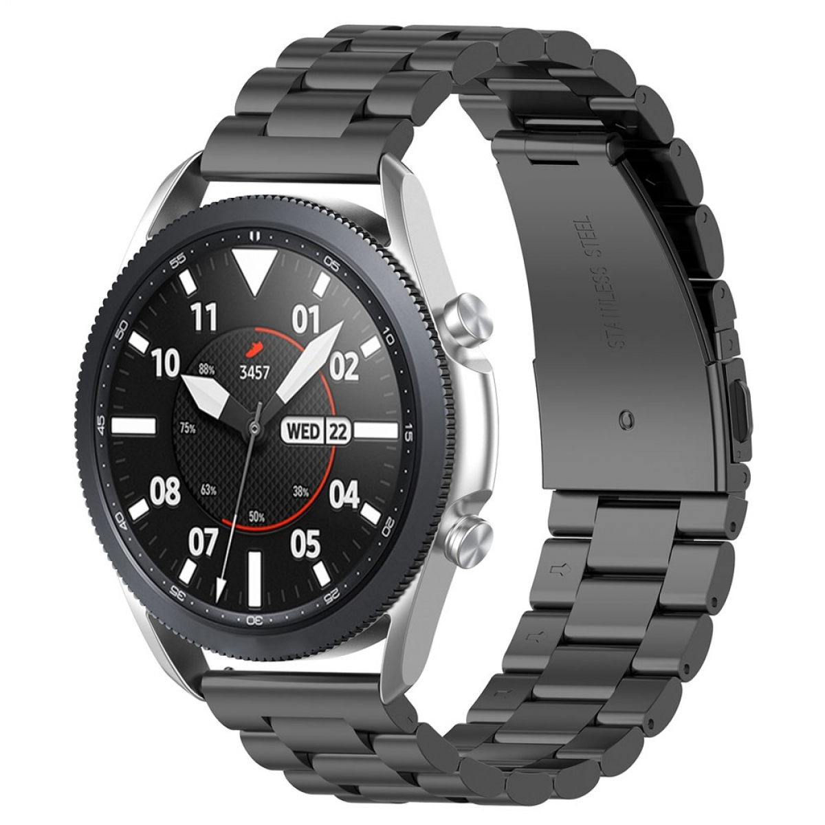 Eine schwarze und silberne Smartwatch mit schwarzem Metallband und Edelstahlverschluss.