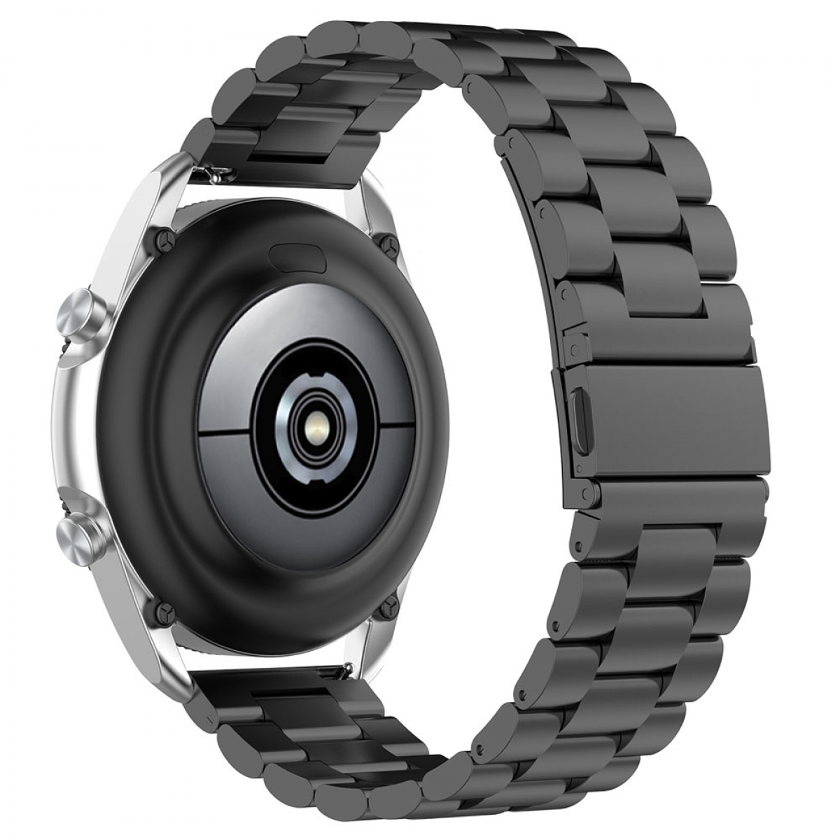 Nahaufnahme einer schwarzen Smartwatch und ihres Armbands. Das Armband ist aus Metall, die Uhr rund.