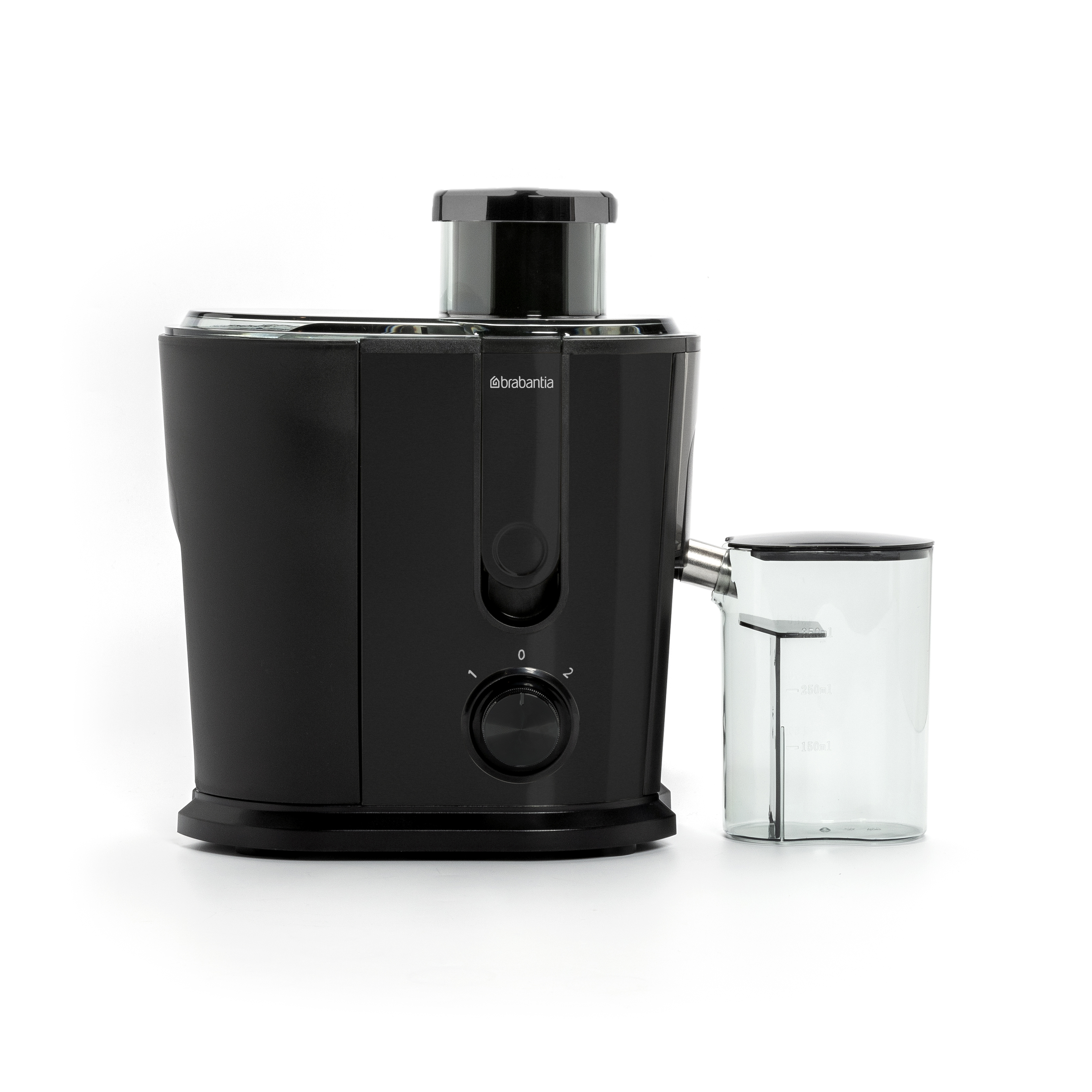 A black juicer with a black top, a dial, and a clear juice container on the side.