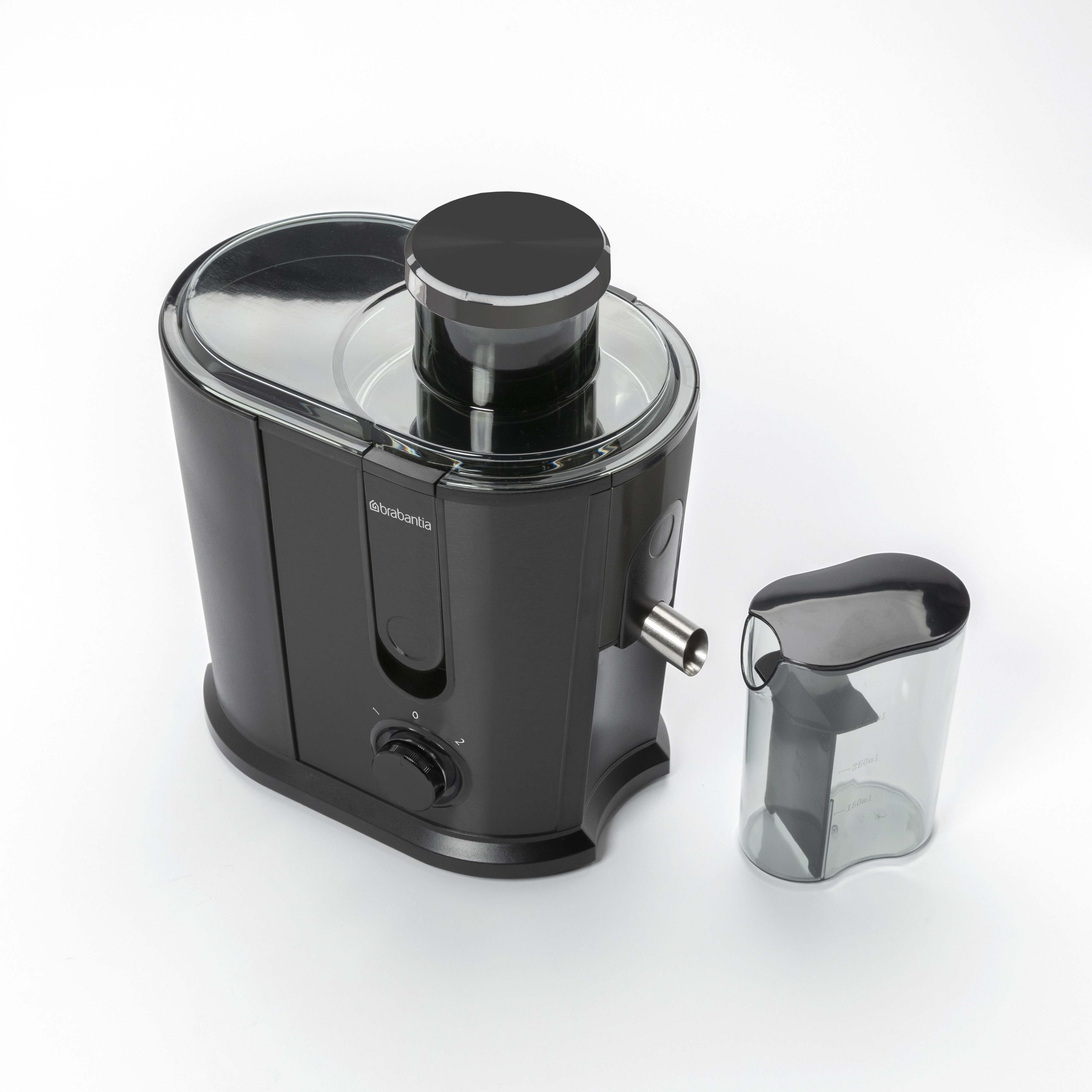 Black juicer with a transparent lid and a separate container for juice collection.
