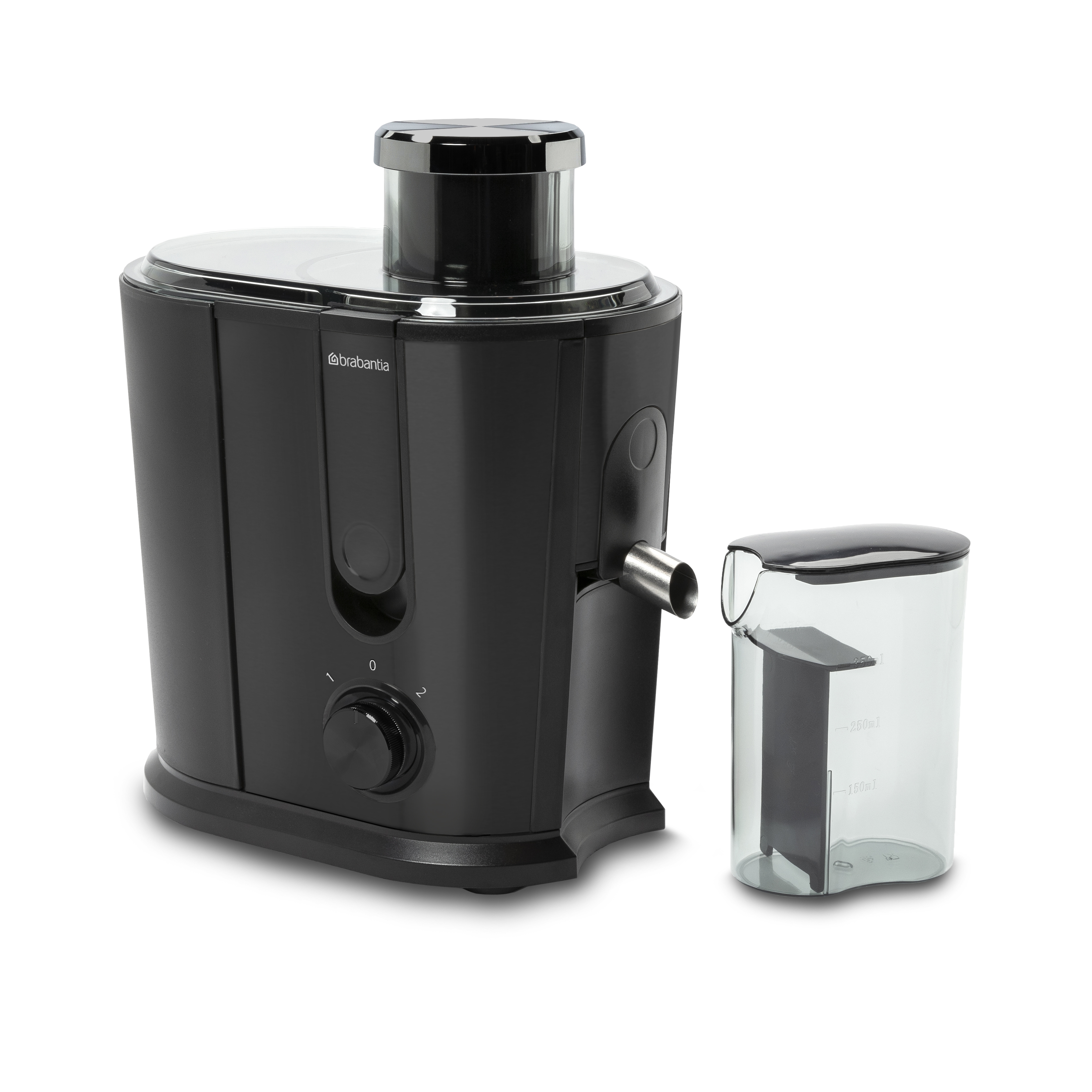 Schwarzer Entsafter mit transparentem Behälter. Marke 'Brabantia' sichtbar.