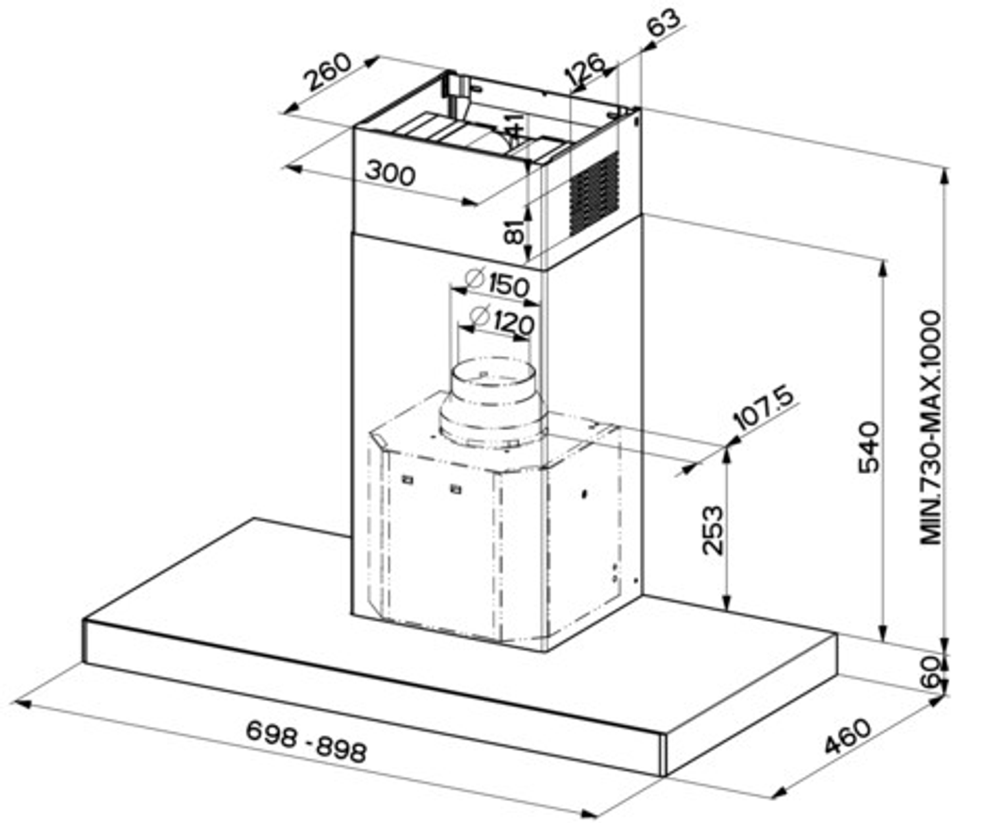 Dibujo técnico de una campana extractora de cocina. Las dimensiones están etiquetadas en milímetros.