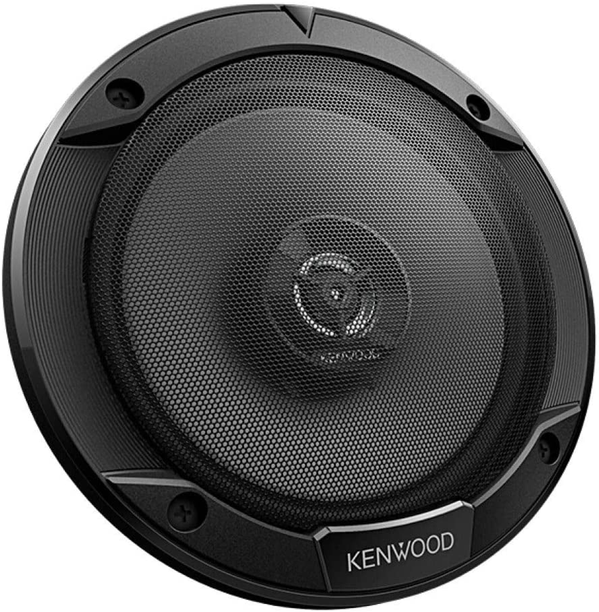 Altavoz negro con cubierta de malla y logotipo Kenwood.