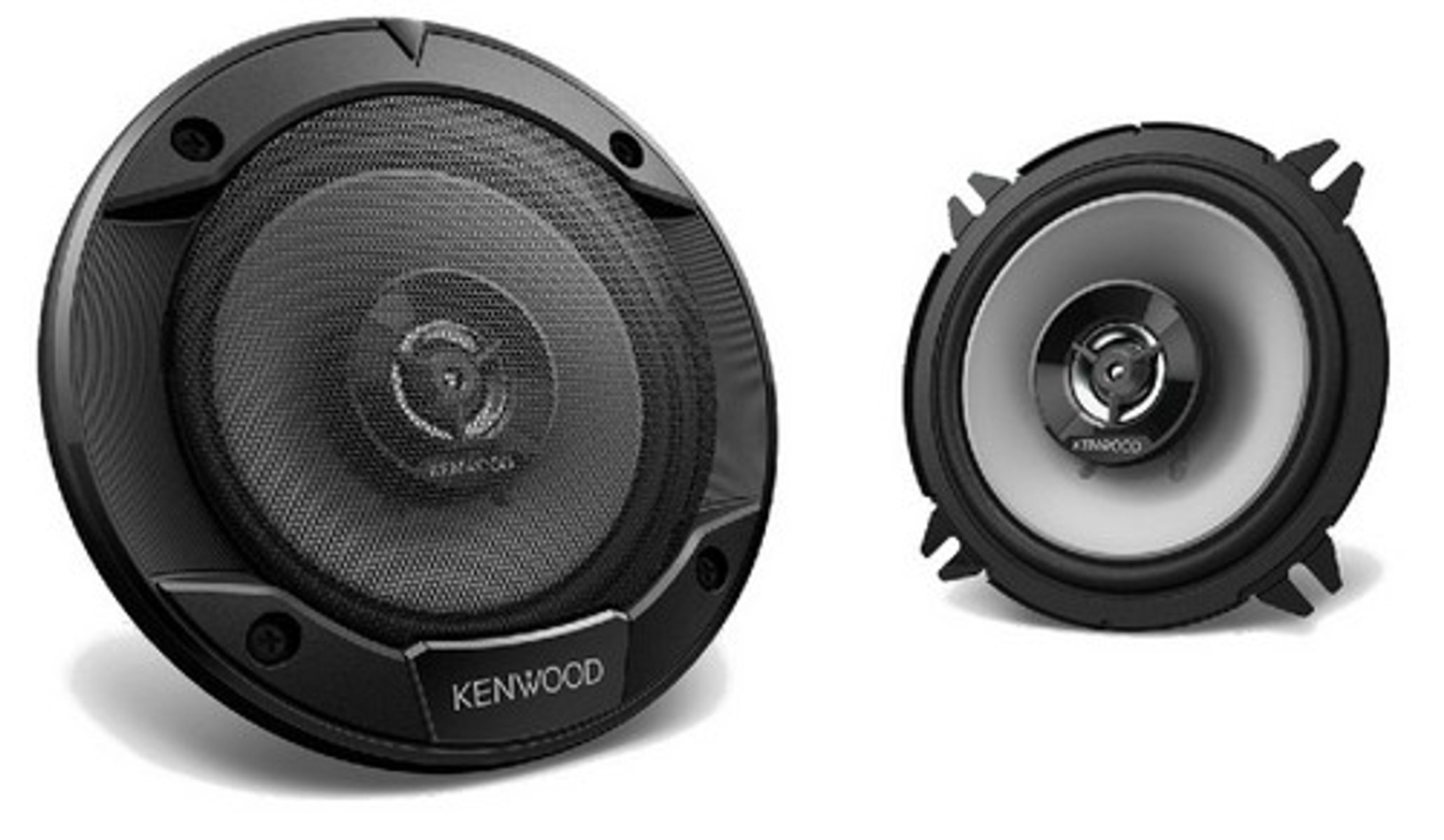 Dos altavoces Kenwood para coche negros. Uno es un altavoz completo, el otro un tweeter.