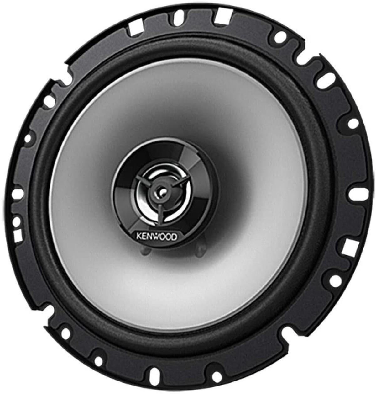 Altavoz de coche con marco negro, cono plateado y logotipo Kenwood.