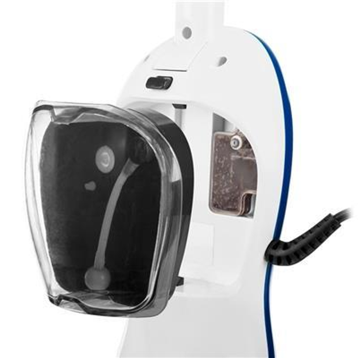 Zbliżenie na biało-niebieskie urządzenie z przezroczystym pojemnikiem i przewodem zasilającym.