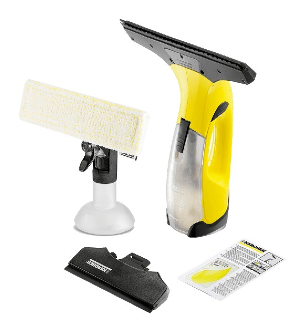 Un set per la pulizia dei vetri giallo e nero con spruzzatore, tampone e tergivetro.