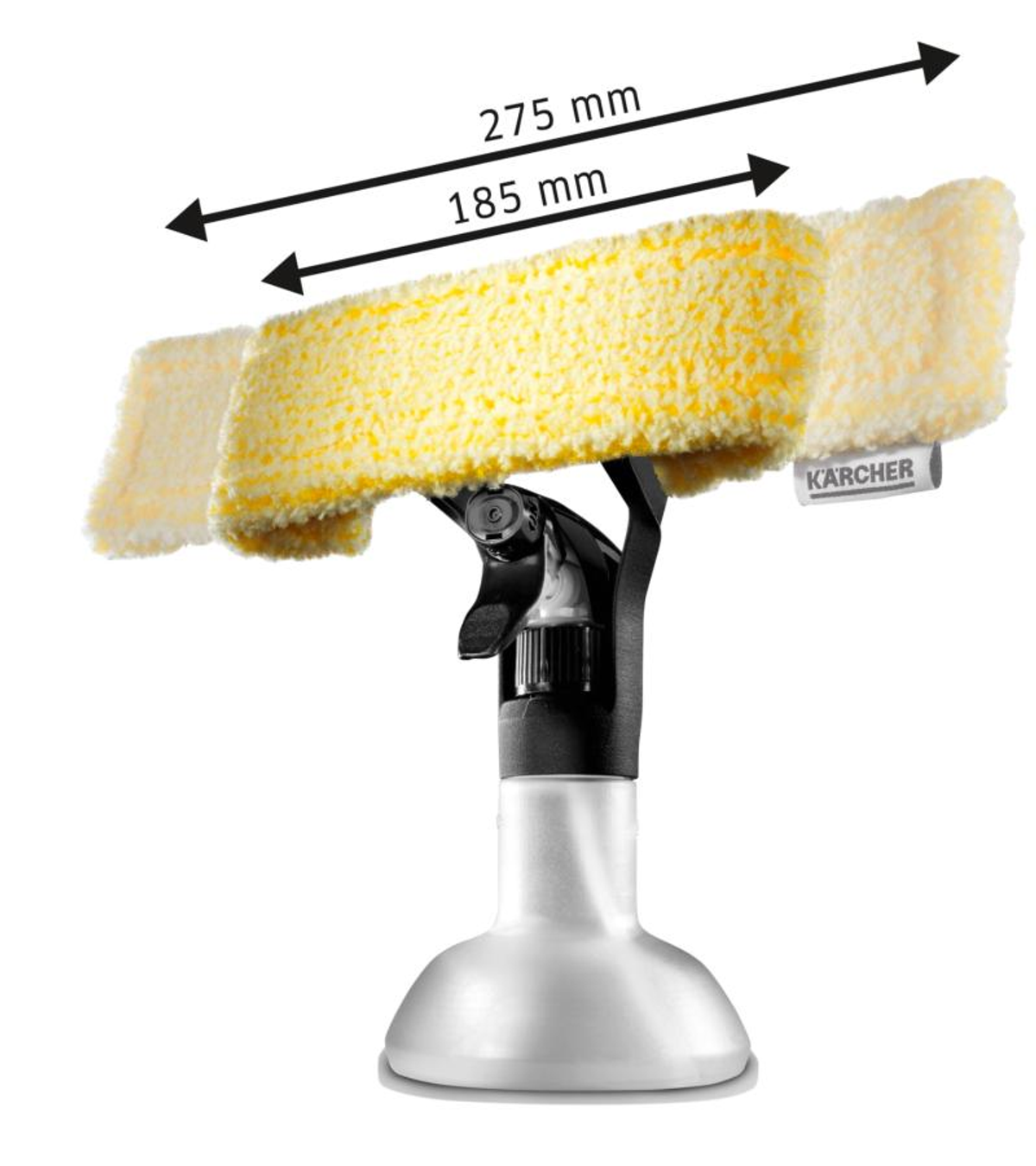 Strumento per la pulizia dei vetri con tampone in microfibra giallo e manico con spruzzatore. Logo Kärcher.