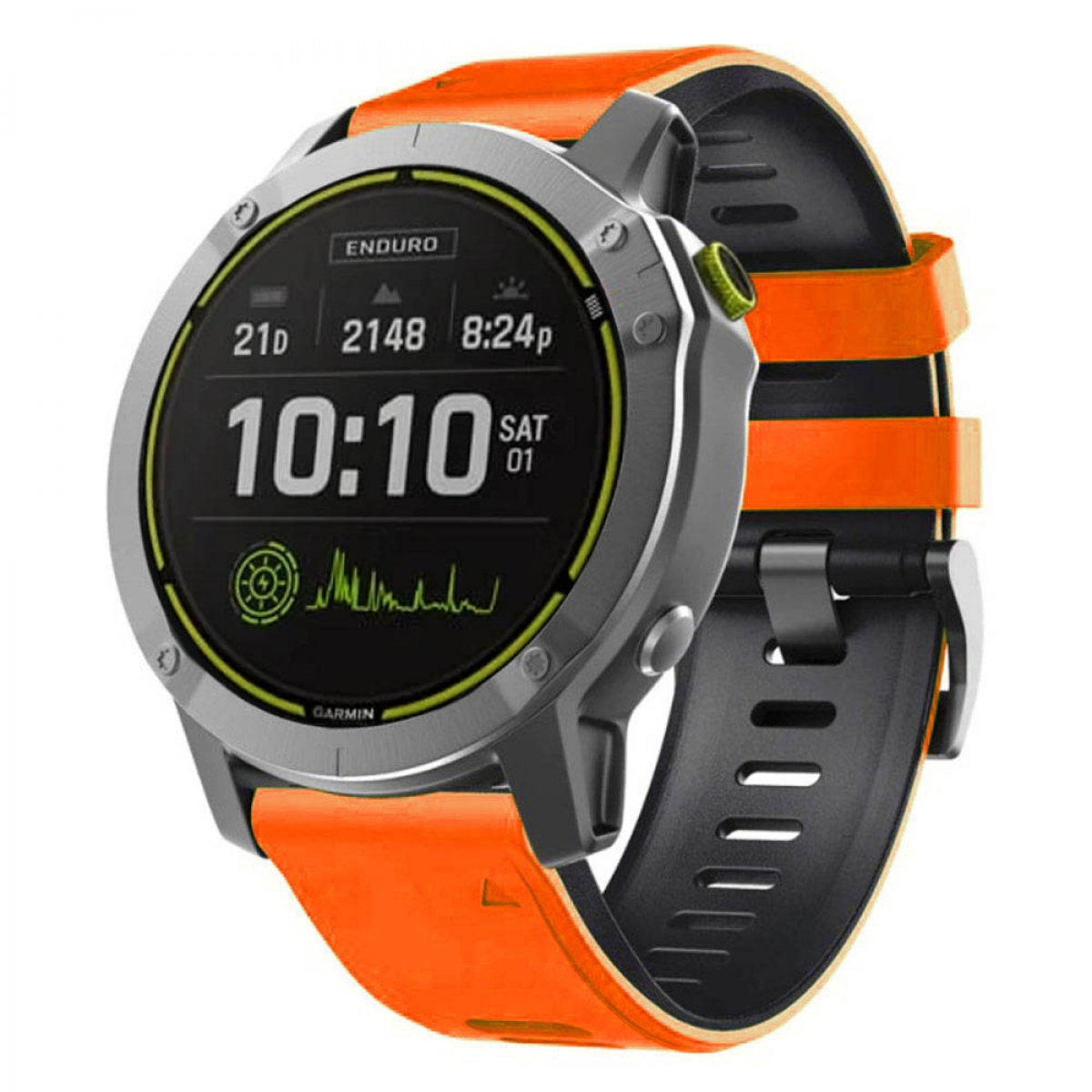 Eine Garmin Enduro Smartwatch mit orangefarbenem Armband, das die Zeit und Statistiken anzeigt.