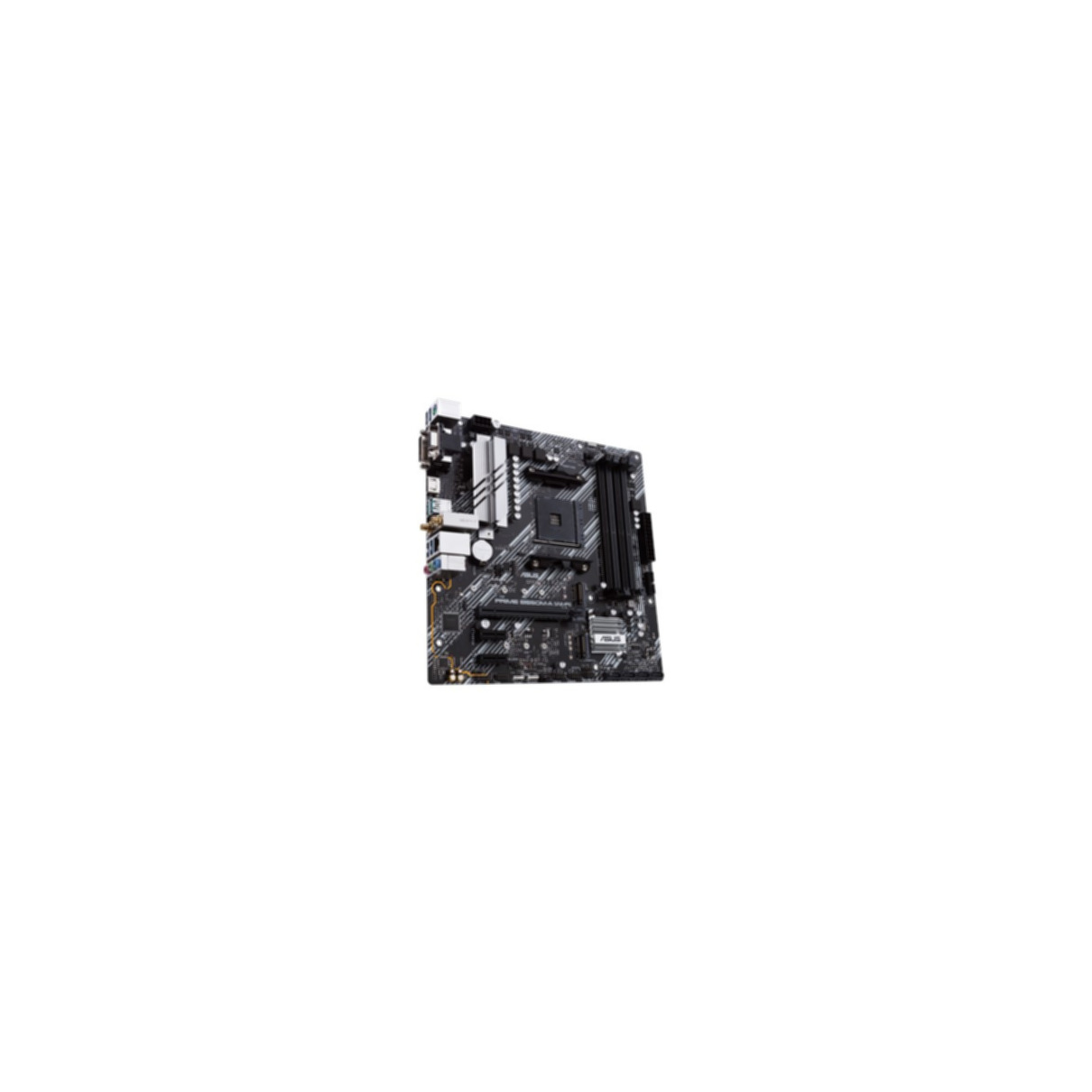 Schwarzes und graues Computer-Motherboard, mit verschiedenen Komponenten.