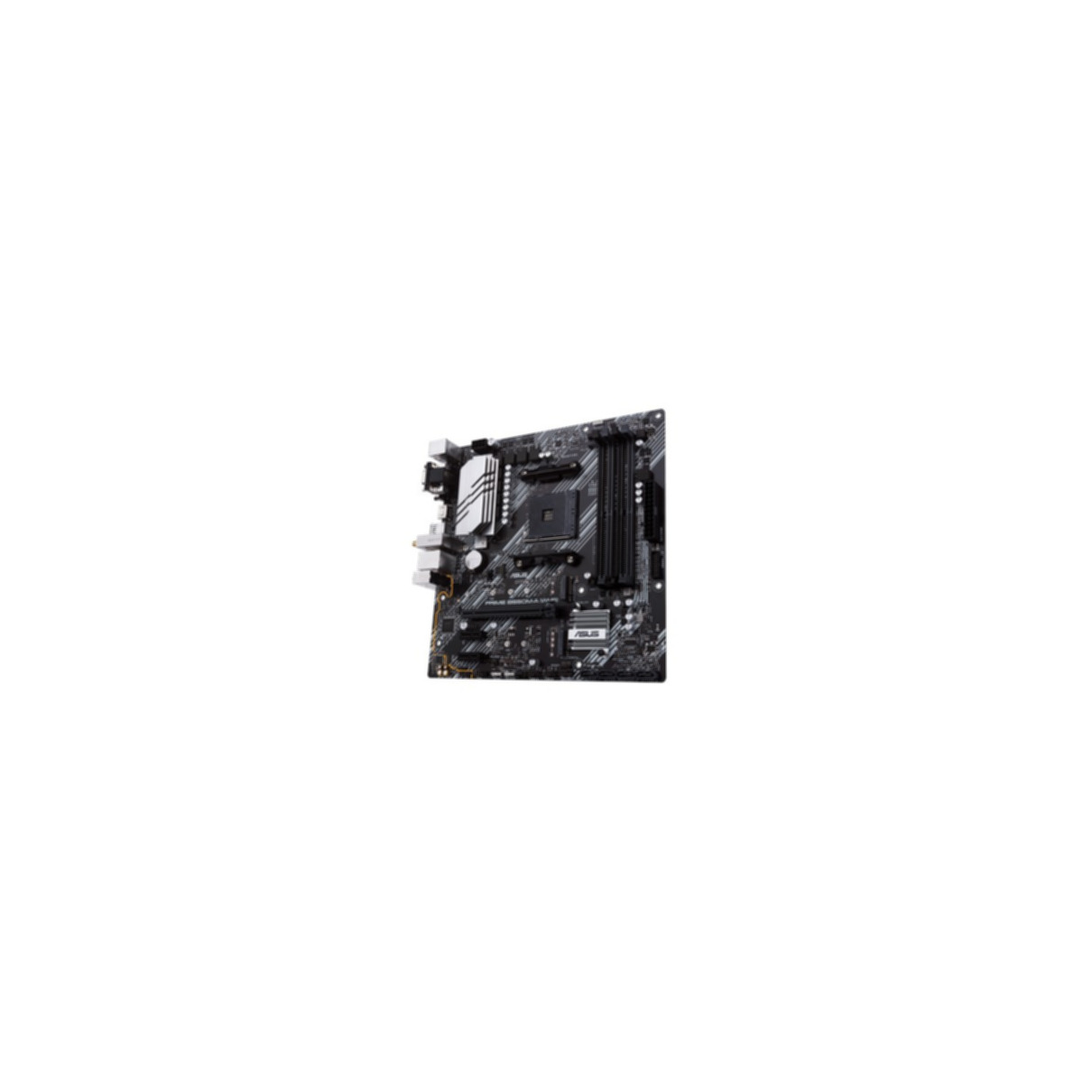Computer-Motherboard, schwarz. Komponenten sichtbar. Weißer Hintergrund.