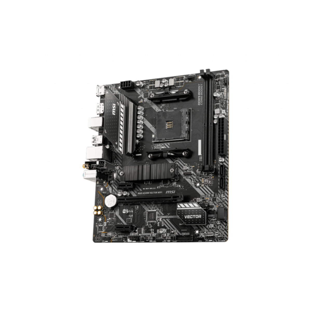 Schwarzes Motherboard mit verschiedenen Komponenten, einschließlich CPU-Sockel und Anschlüssen, weißer Hintergrund.