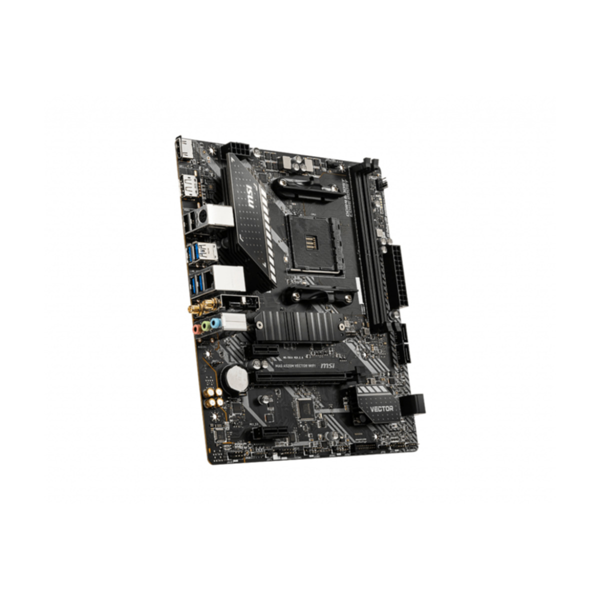 Schwarzes MSI-Motherboard mit verschiedenen Komponenten auf weißem Hintergrund. MSI- und Vector-Logos sichtbar.