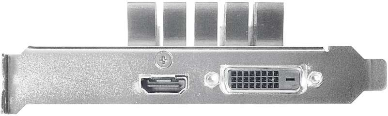 Srebrna karta graficzna z portami HDMI, DVI i radiatorem.
