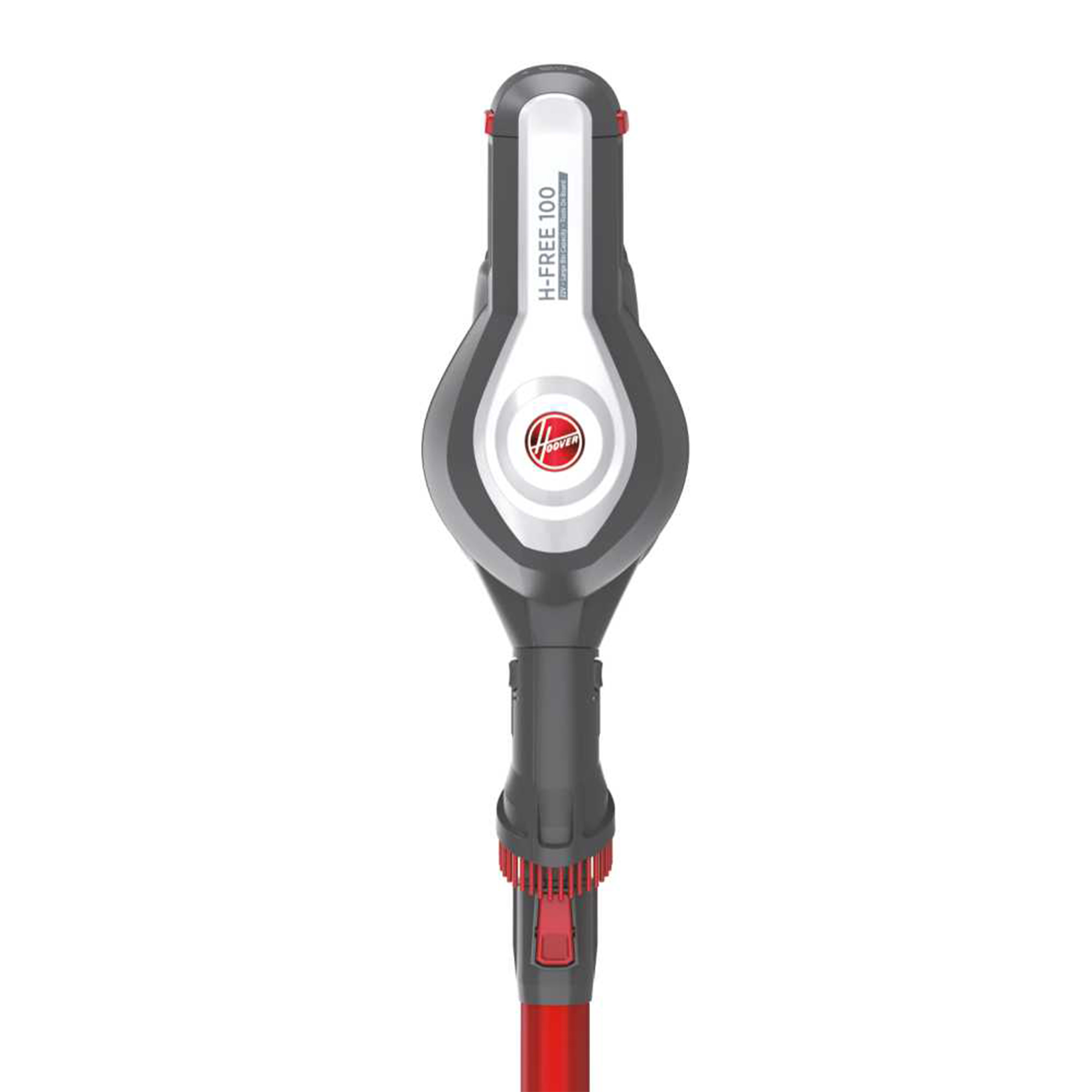 Ein Staubsaugergriff, grau und rot, mit der Marke Hoover.