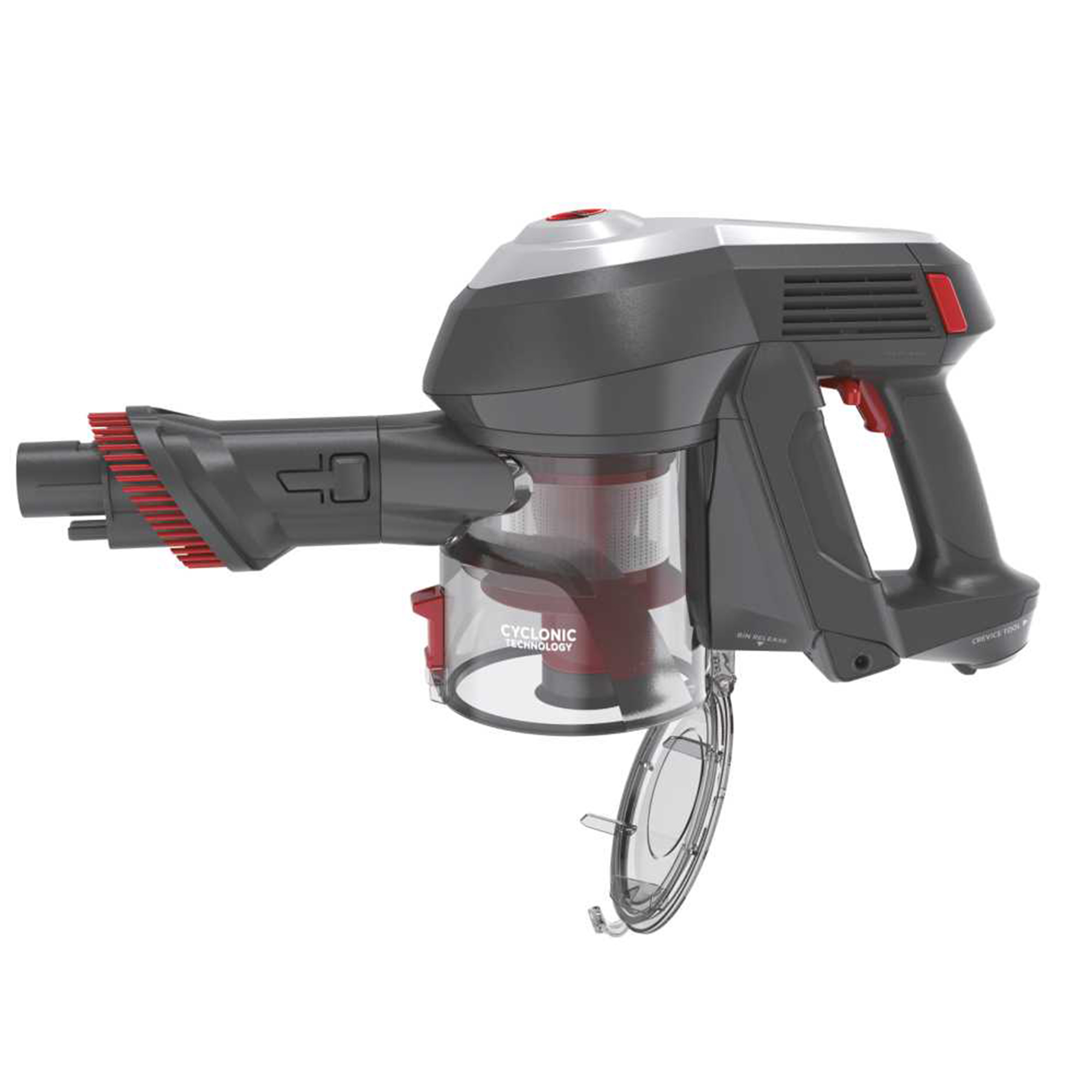 Grau-roter Akku-Staubsauger. Mit transparentem Staubbehälter und 'Cyclonic Technology'.
