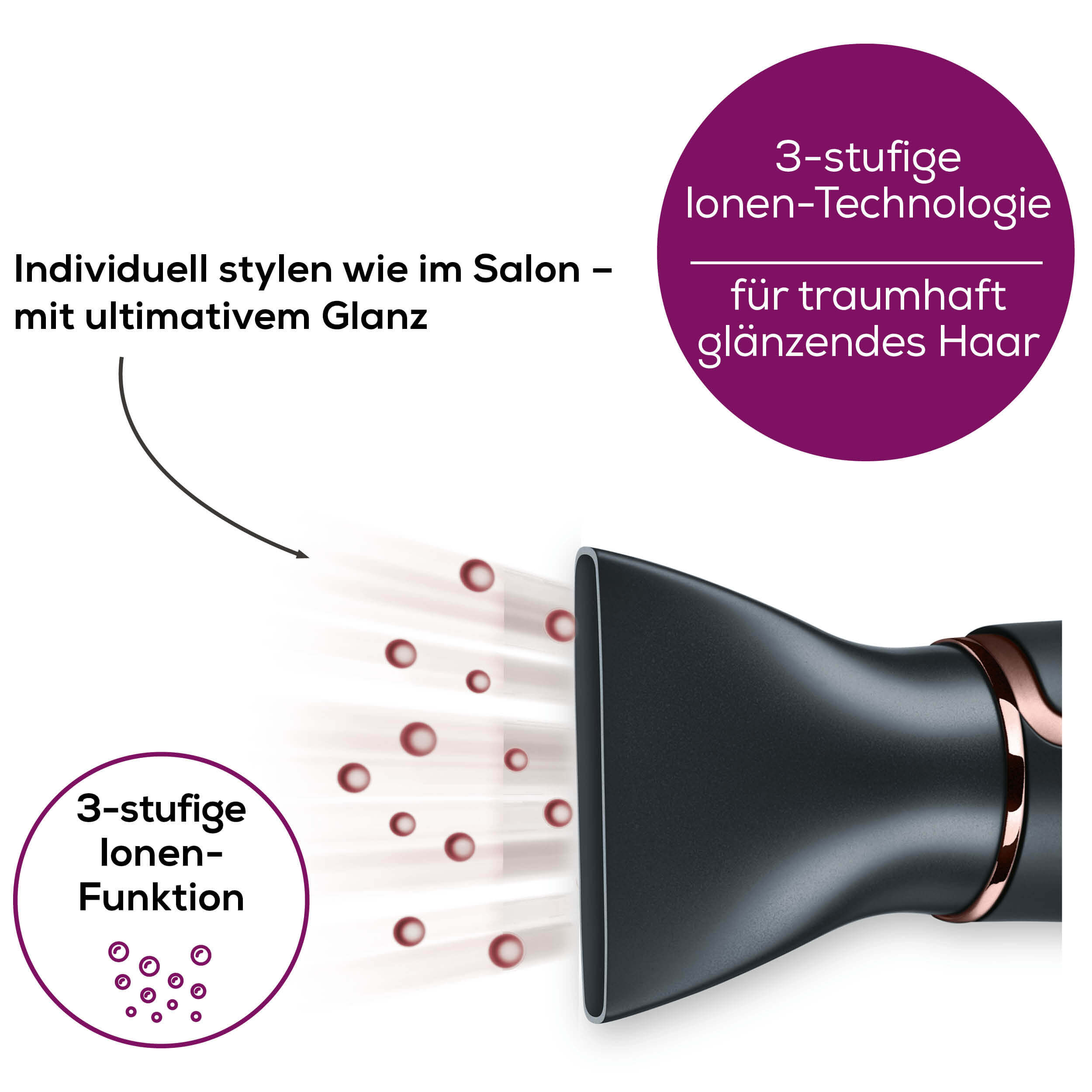 Zwarte haardroger met roségouden accenten, bellen en paarse tekstvakken.