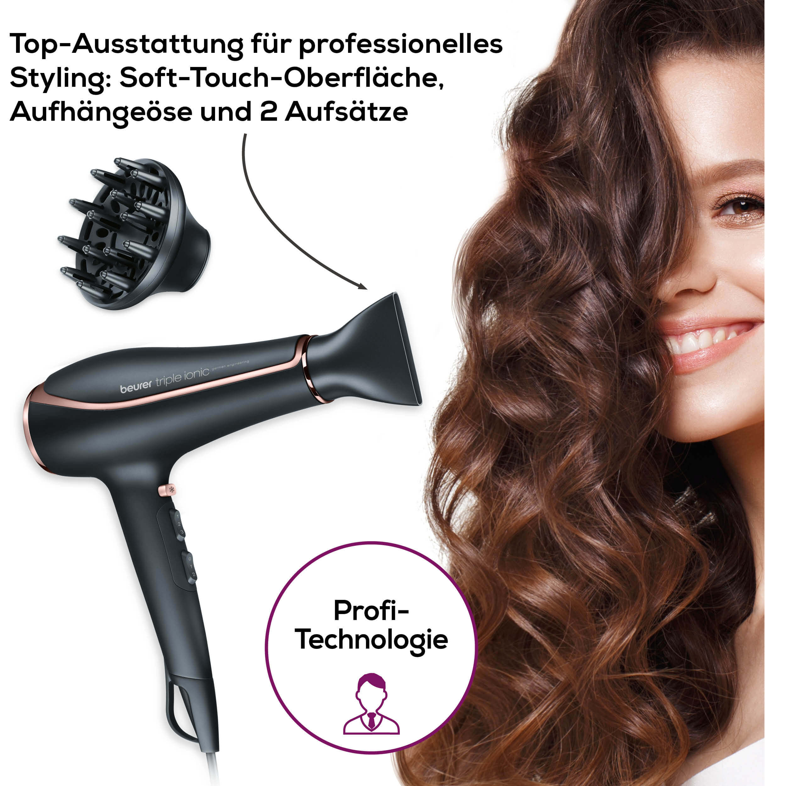 Zwarte haardroger met roségouden accenten. De tekst luidt: Top styling, Soft-Touch-Oberfläche.