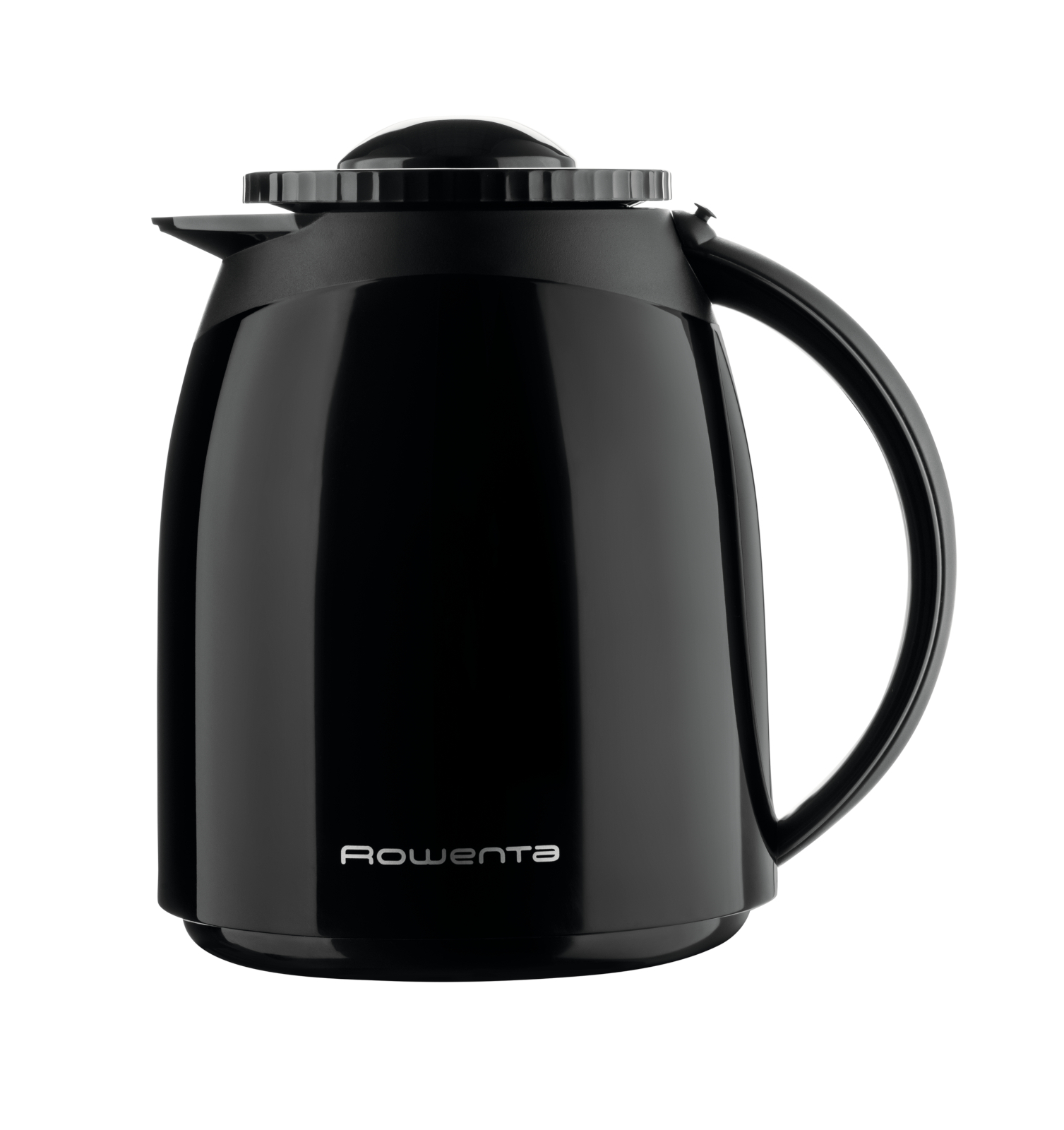 Czarny termos Rowenta z czarną pokrywką i uchwytem. Termos znajduje się na białym tle.