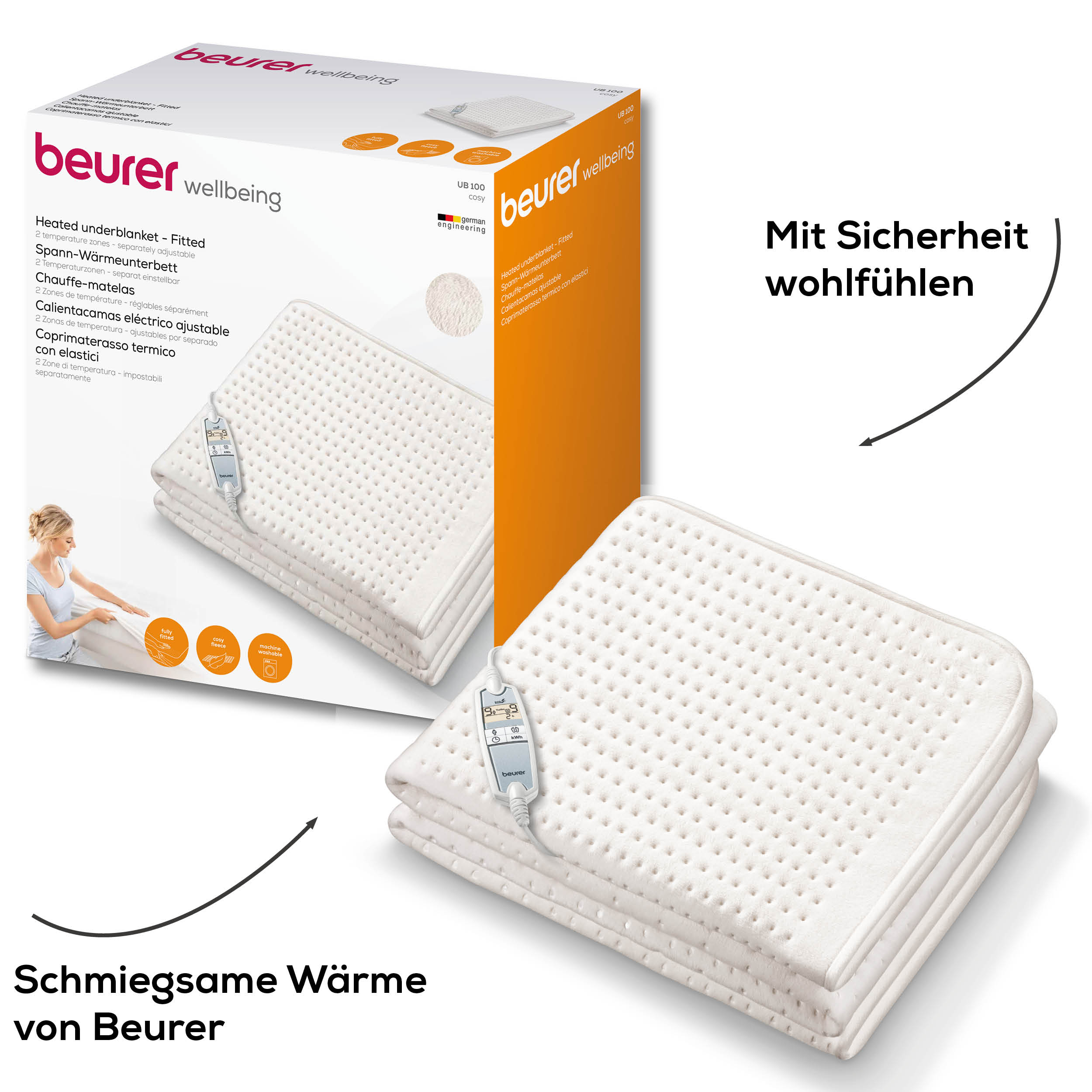 Weiße beheizbare Unterdecke mit Bedienfeld und Verpackung.