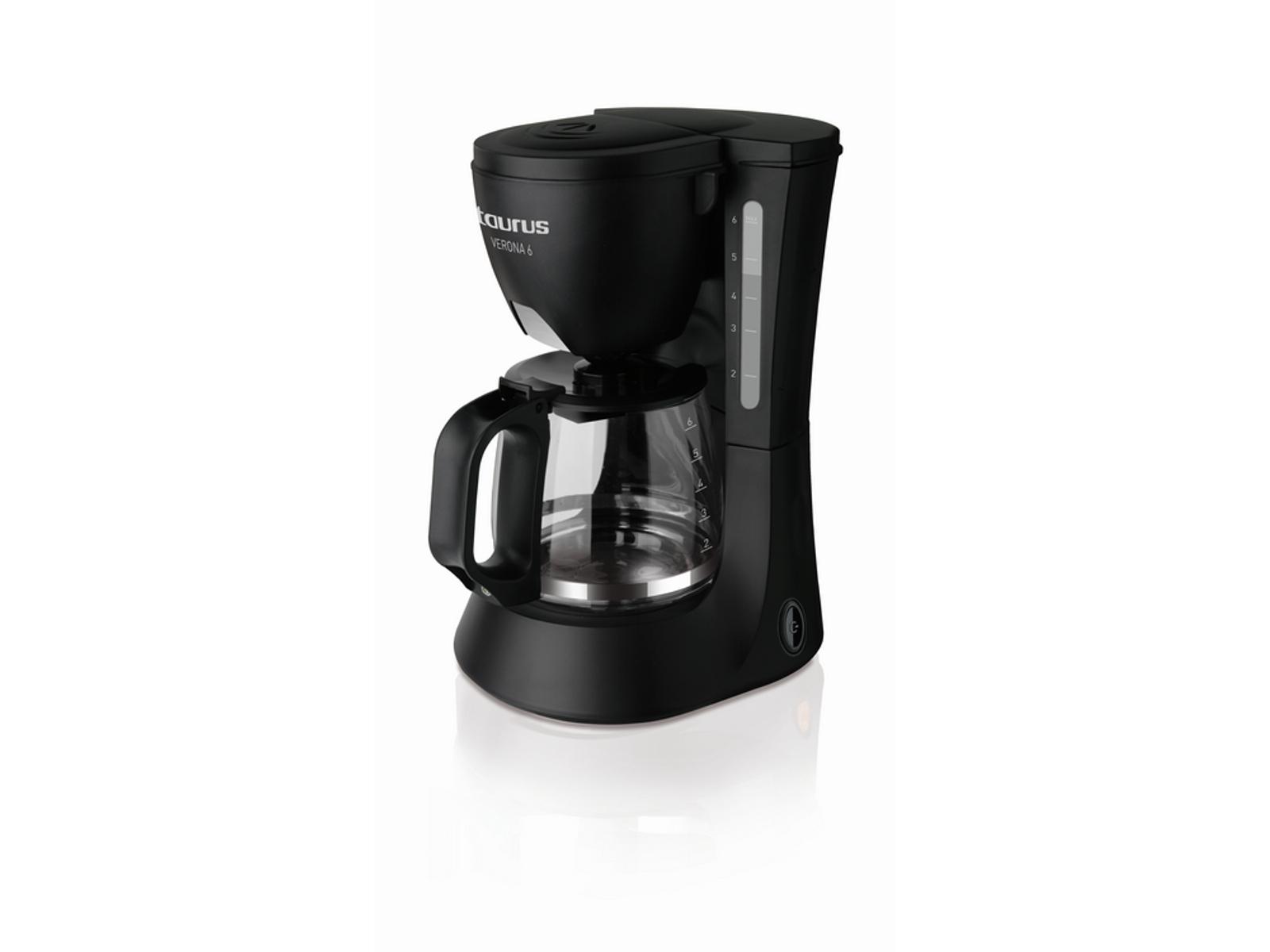 Cafetera negra con jarra de vidrio y un indicador de nivel de agua.