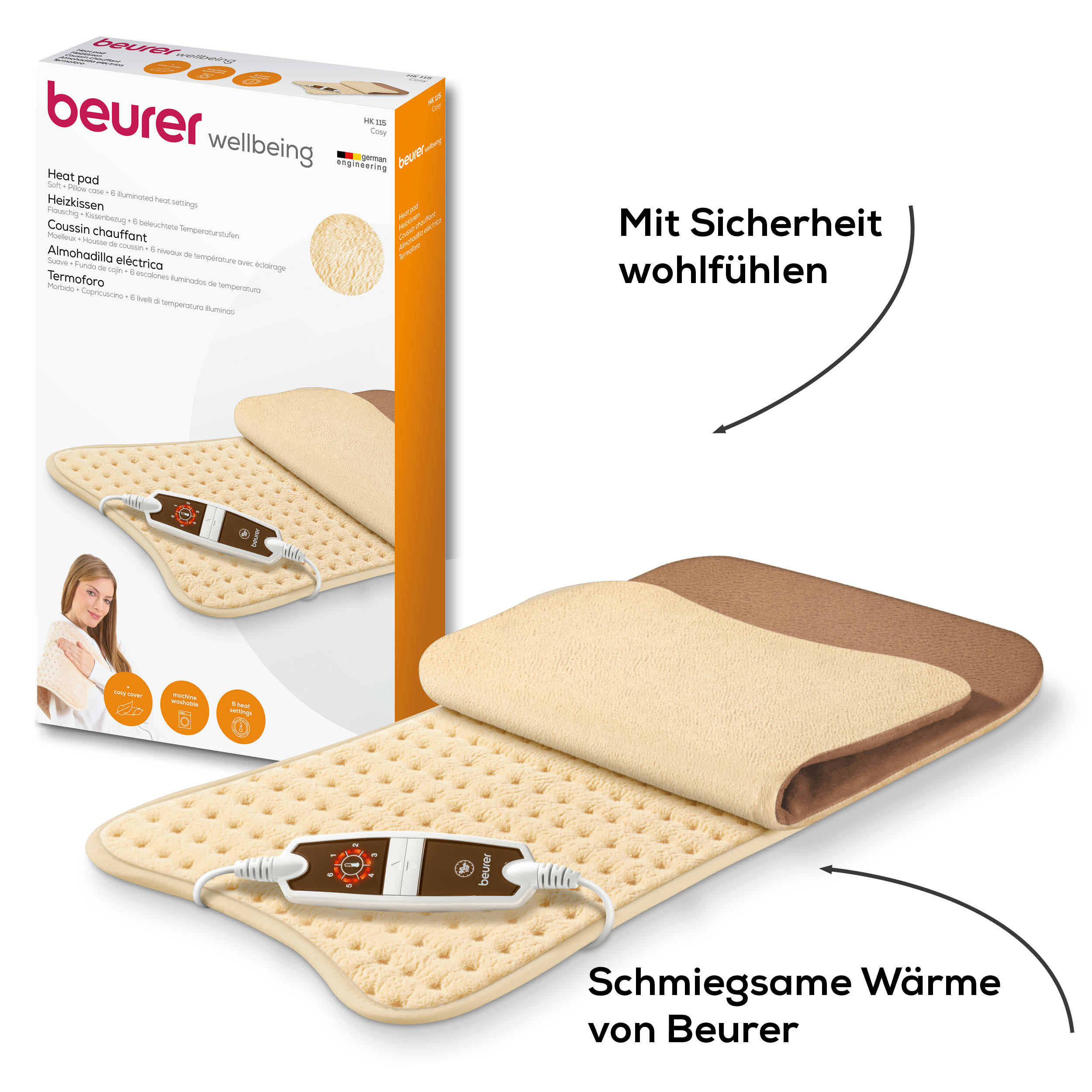 Embalaje y producto de almohadilla térmica Beurer. Almohadilla beige con controlador y cable de alimentación. Texto: 'Schmiegsame Wärme'.
