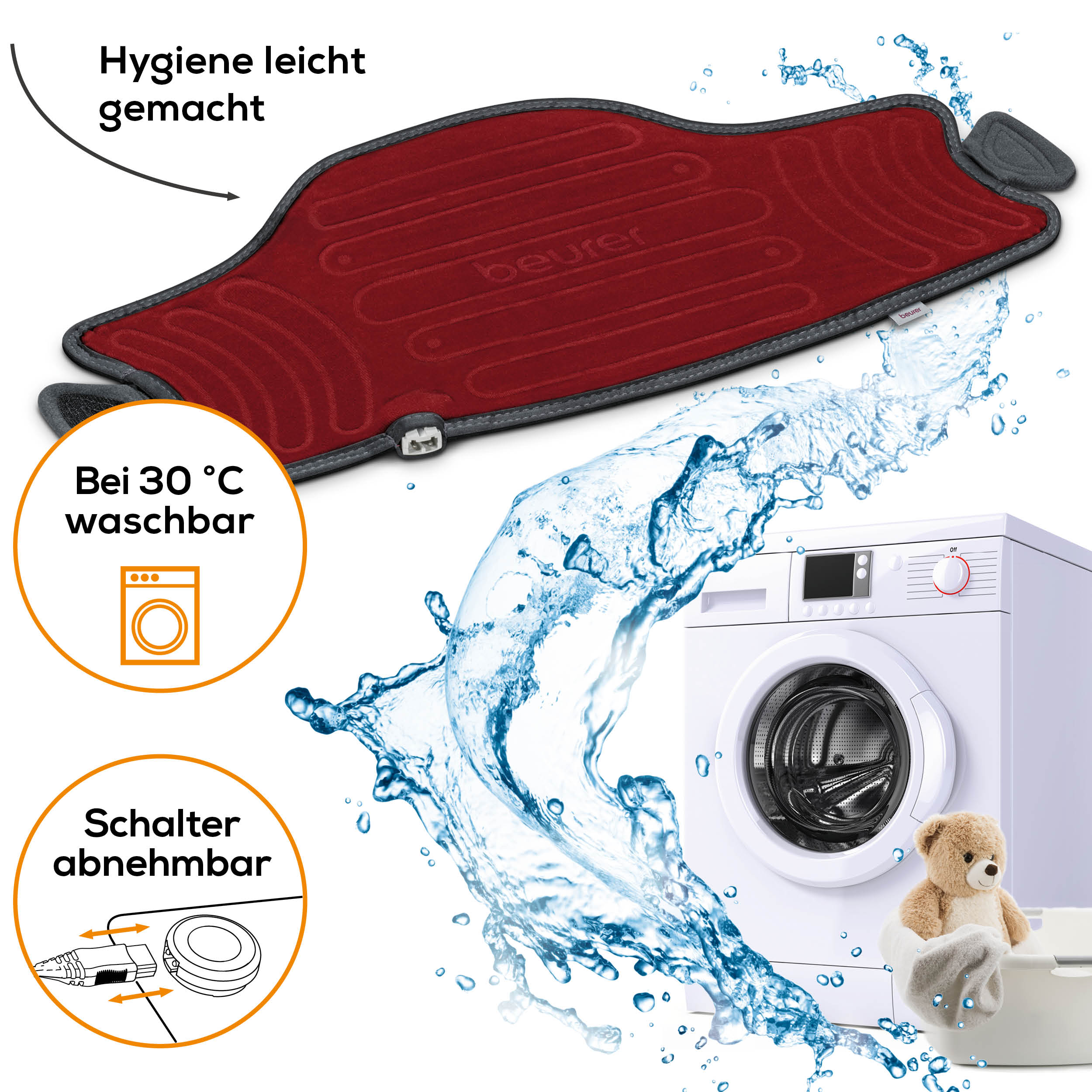 Rotes Heizkissen mit Waschmaschine, Wasserspritzer, Teddybär und Text.