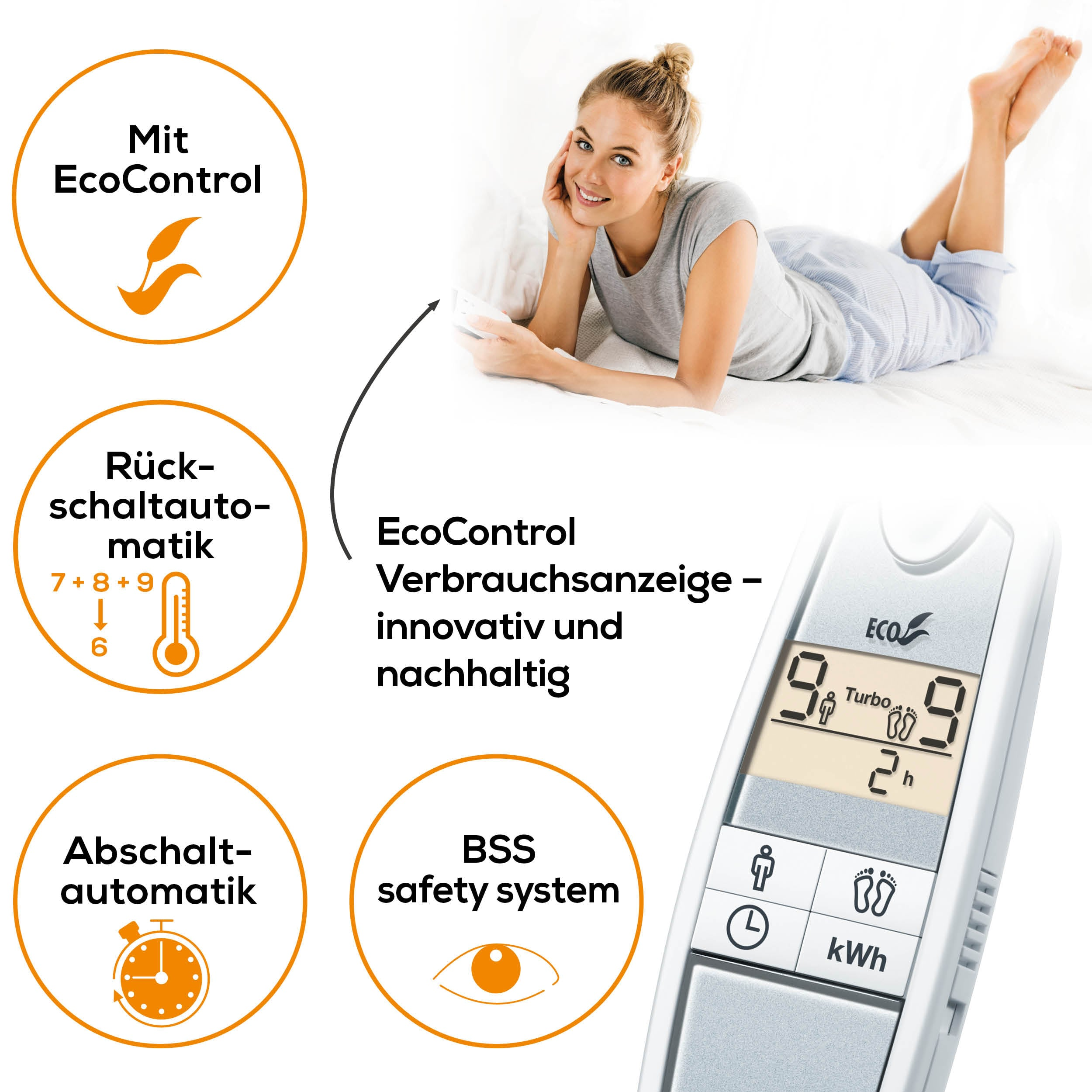 Frau im Bett mit Smart-Thermostat und Icons.
