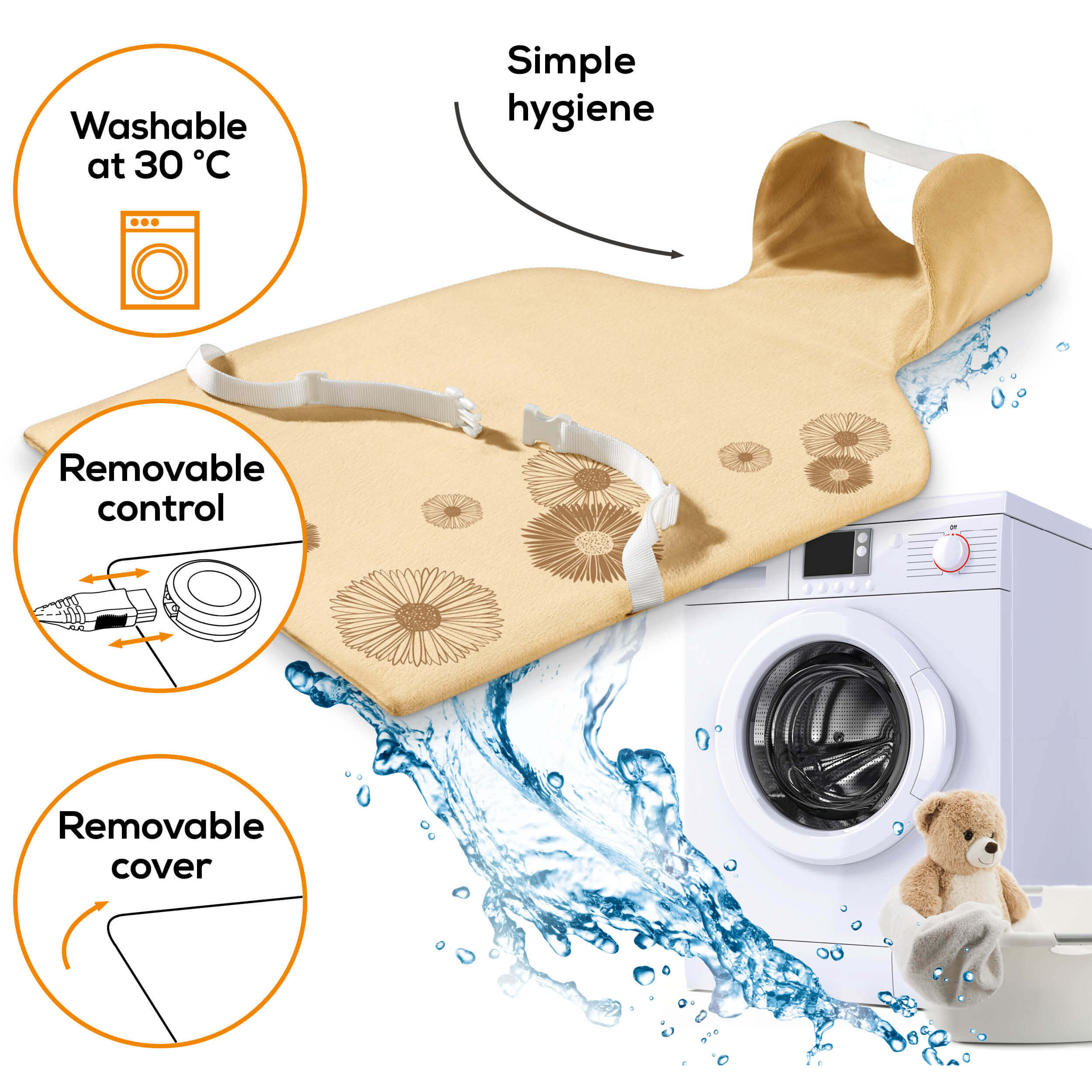 Beige Wickelunterlage mit Blumendesigns neben einer Waschmaschine.
