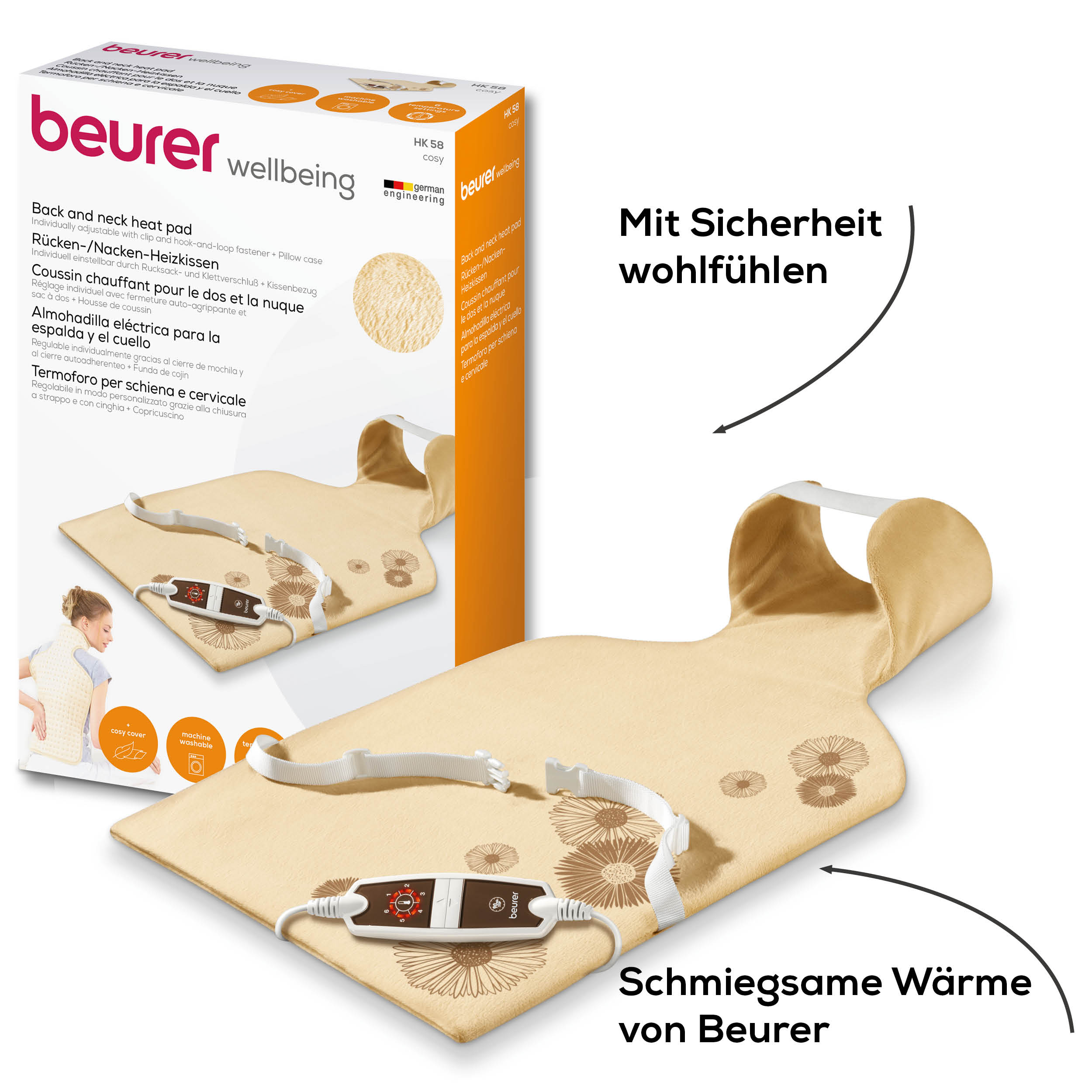 Karton mit beigem Heizkissen, einer Frauenfigur und Werbetext auf weißem Hintergrund.