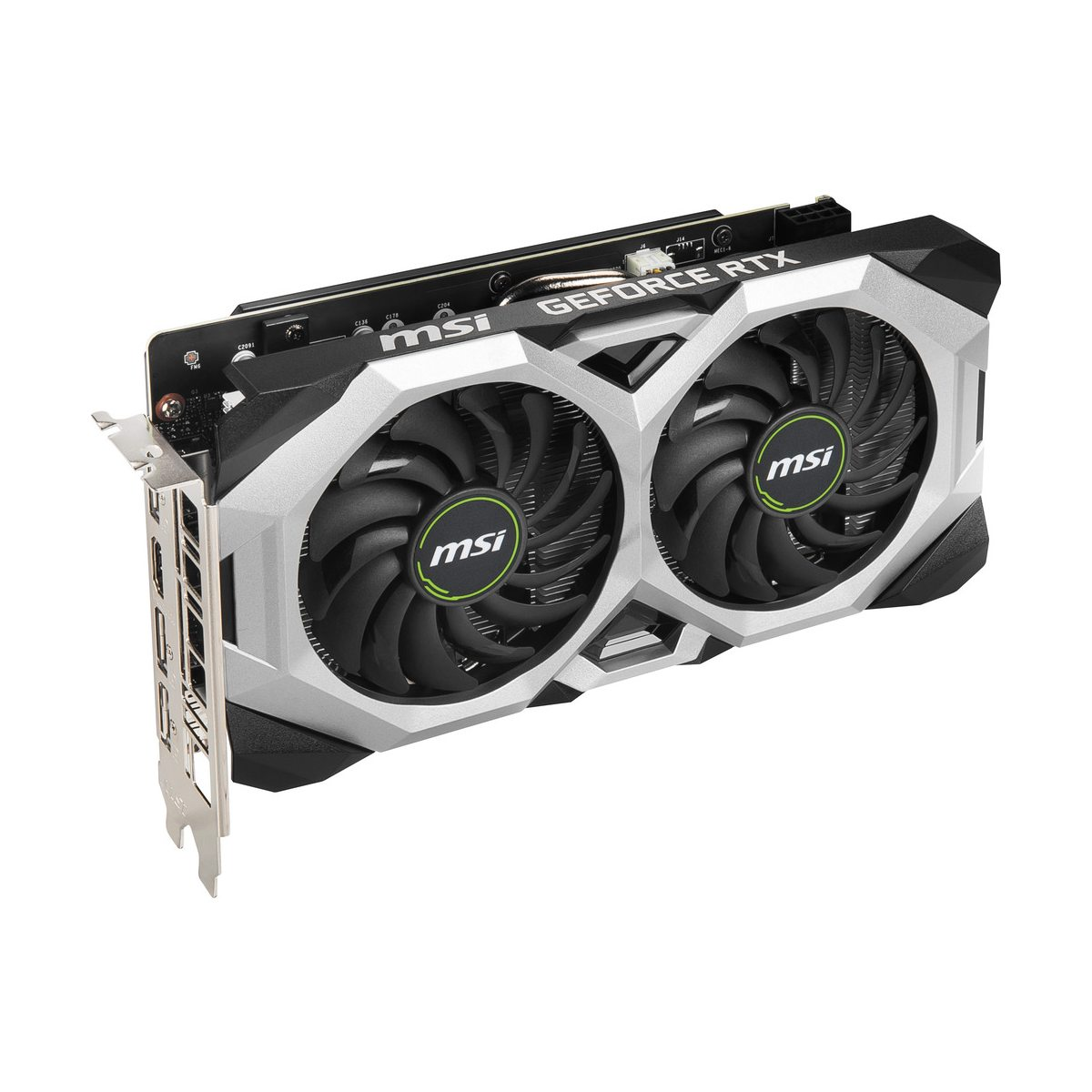 MSI GeForce RTX Grafikkarte. Zwei Lüfter. Silbernes und schwarzes Design. Grünes MSI-Logo.