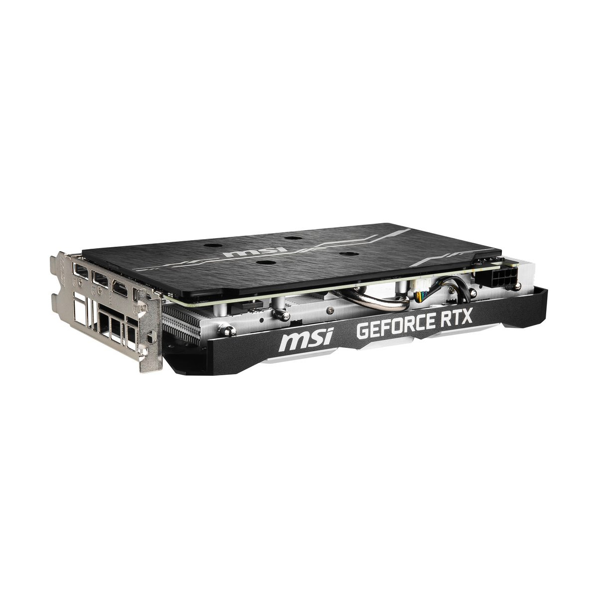 Eine MSI GeForce RTX Grafikkarte, von der Seite gesehen.