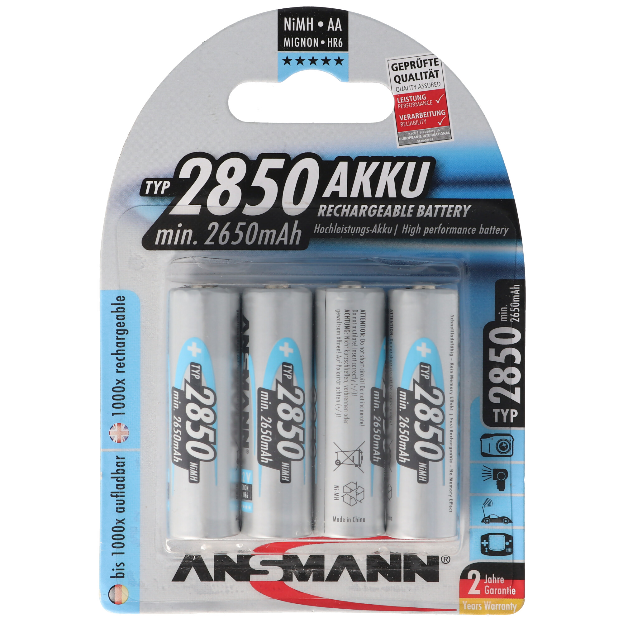 Four AA batteries in a blister pack, labeled with specifications and branding.