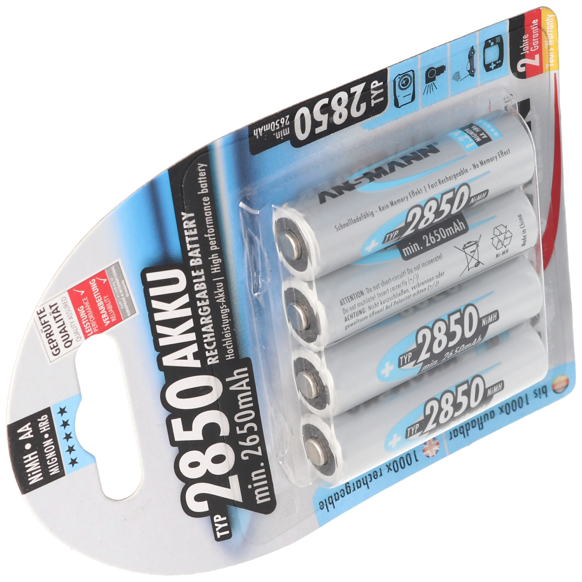 Four AA batteries in a blister pack. The batteries are labeled with the brand and specifications.