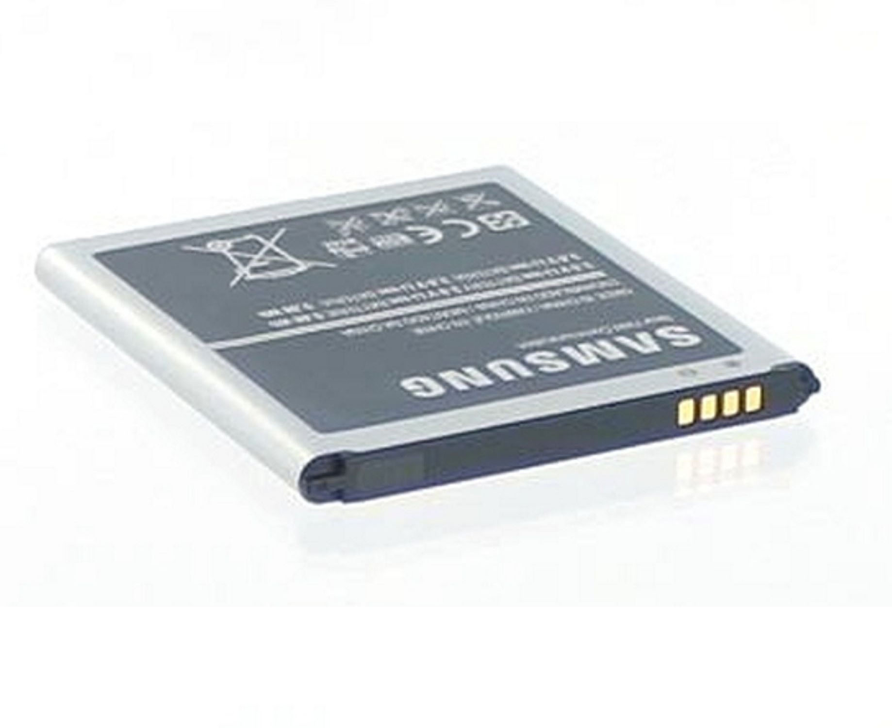 Silberne und schwarze Samsung-Batterie. Die Batterie hat einen silbernen Rahmen und einen schwarzen Deckel mit Logo.