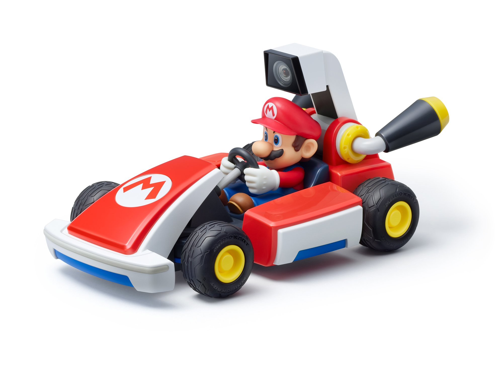 Mario fährt einen rot-weißen Go-Kart mit Kamera.