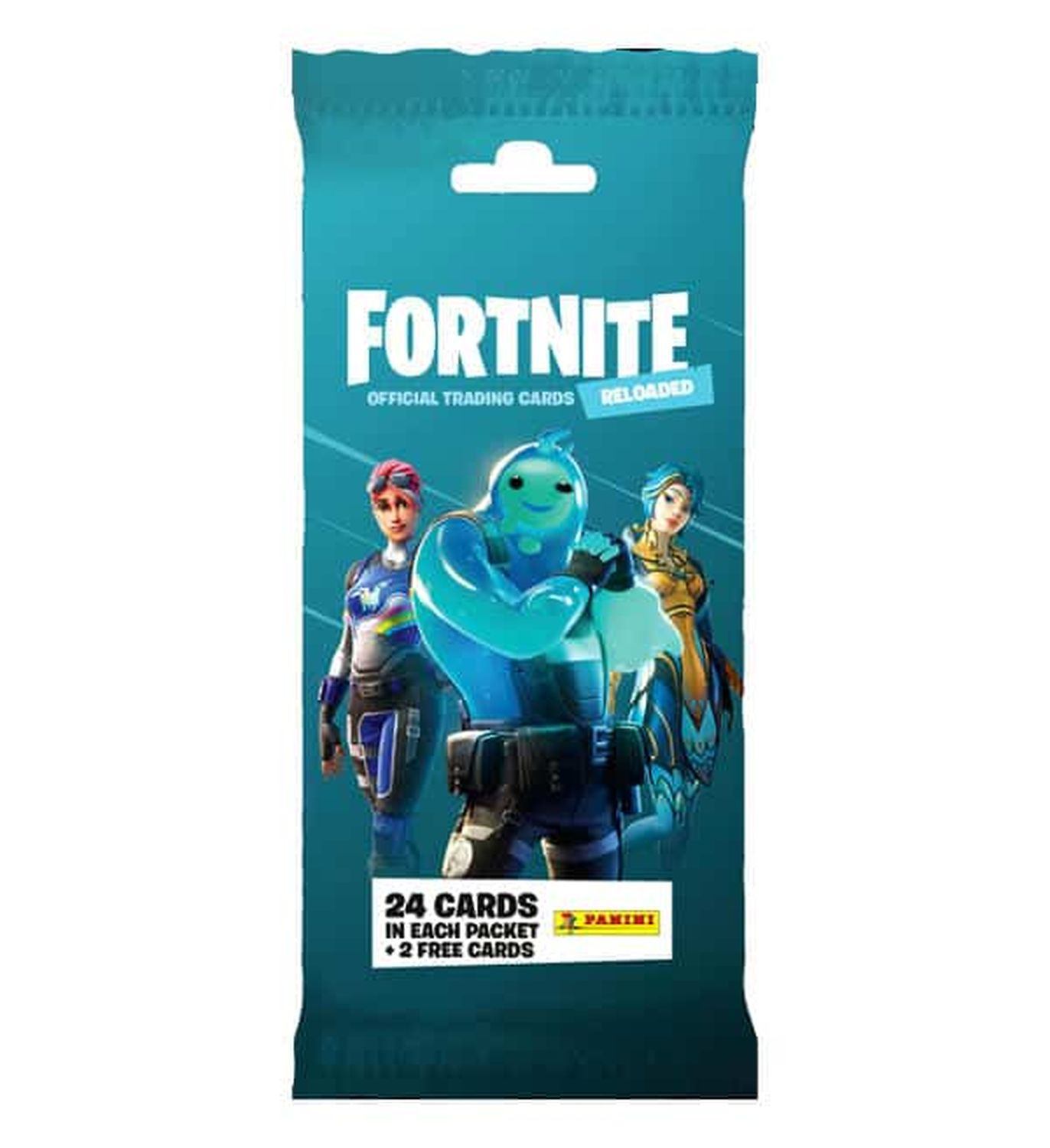 Fortnite-Sammelkartenpackung mit Charakteren auf der Vorderseite. Türkisfarbener Hintergrund, weißer Text.