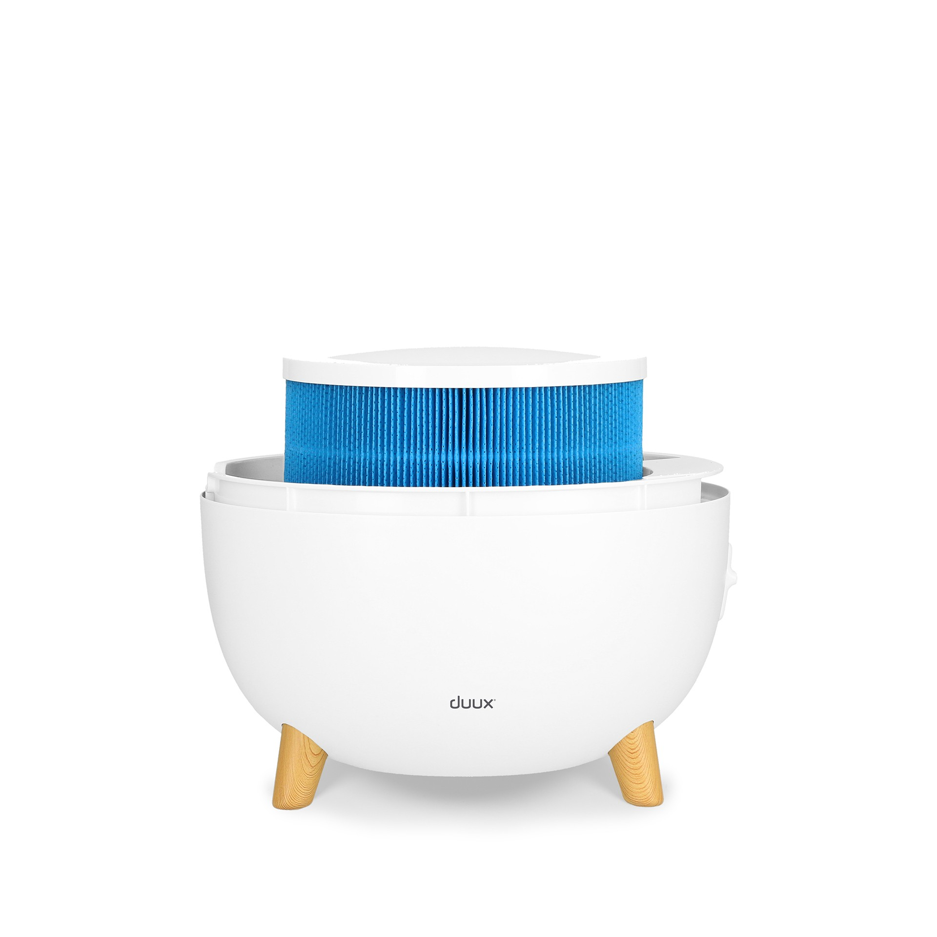 White air purifier. Has a blue filter and wooden legs. The brand name 'duux' is visible.