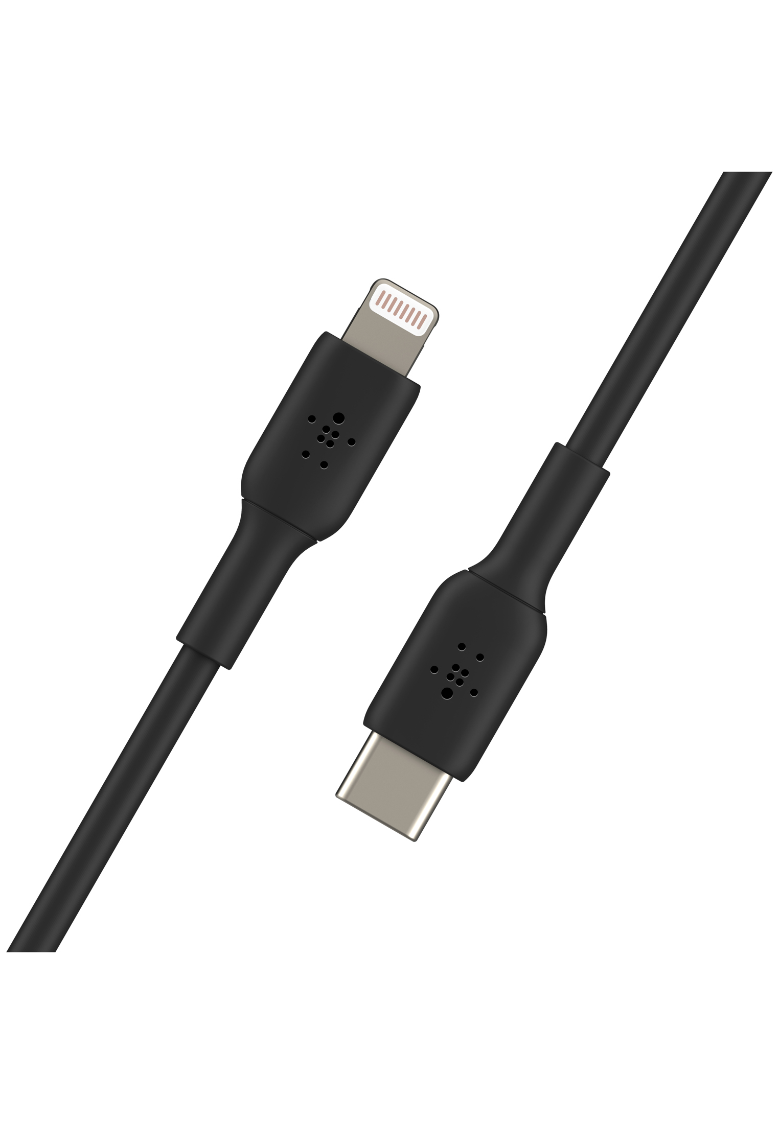 Schwarzes Belkin-Ladekabel mit Lightning- und USB-C-Anschlüssen.