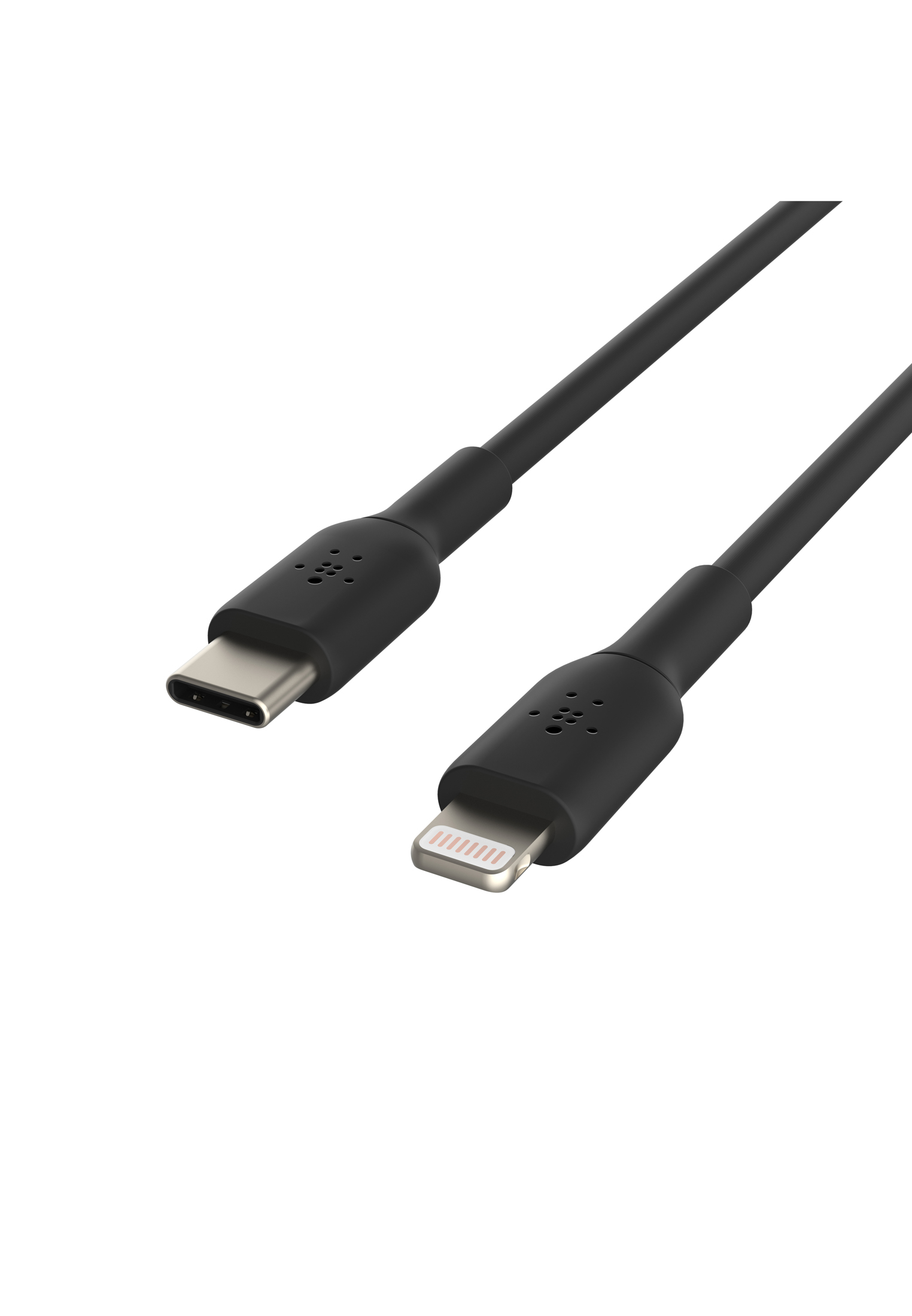 Schwarzes USB-C-auf-Lightning-Kabel auf weißem Hintergrund.