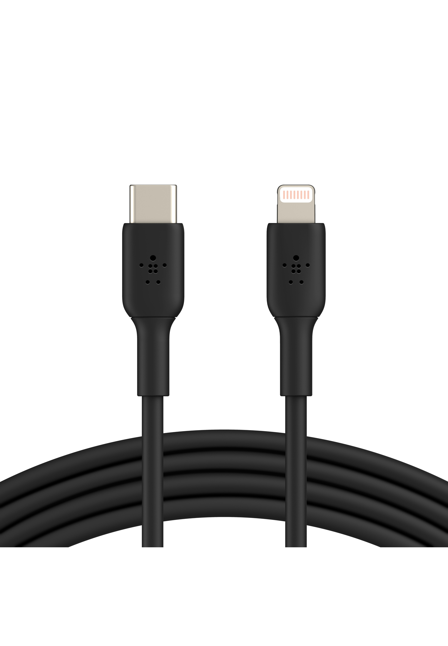 Câble USB-C vers Lightning noir. Deux connecteurs et un câble noir.
