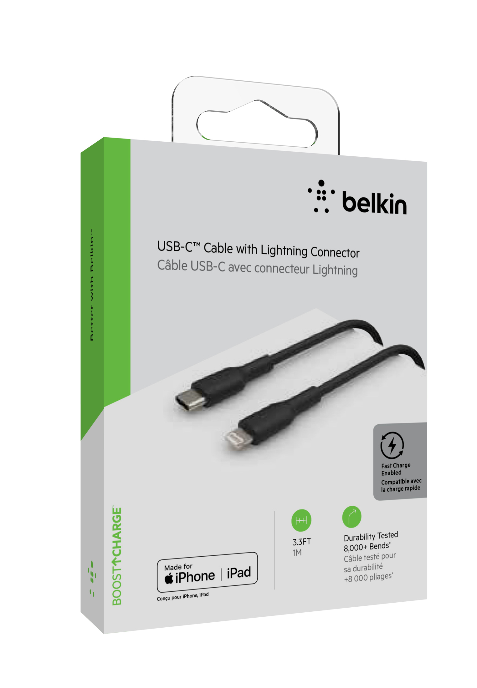 Schachtel mit einem USB-C-zu-Lightning-Kabel. Das Kabel ist schwarz, die Schachtel ist weiß und grün mit Belkin-Logo.